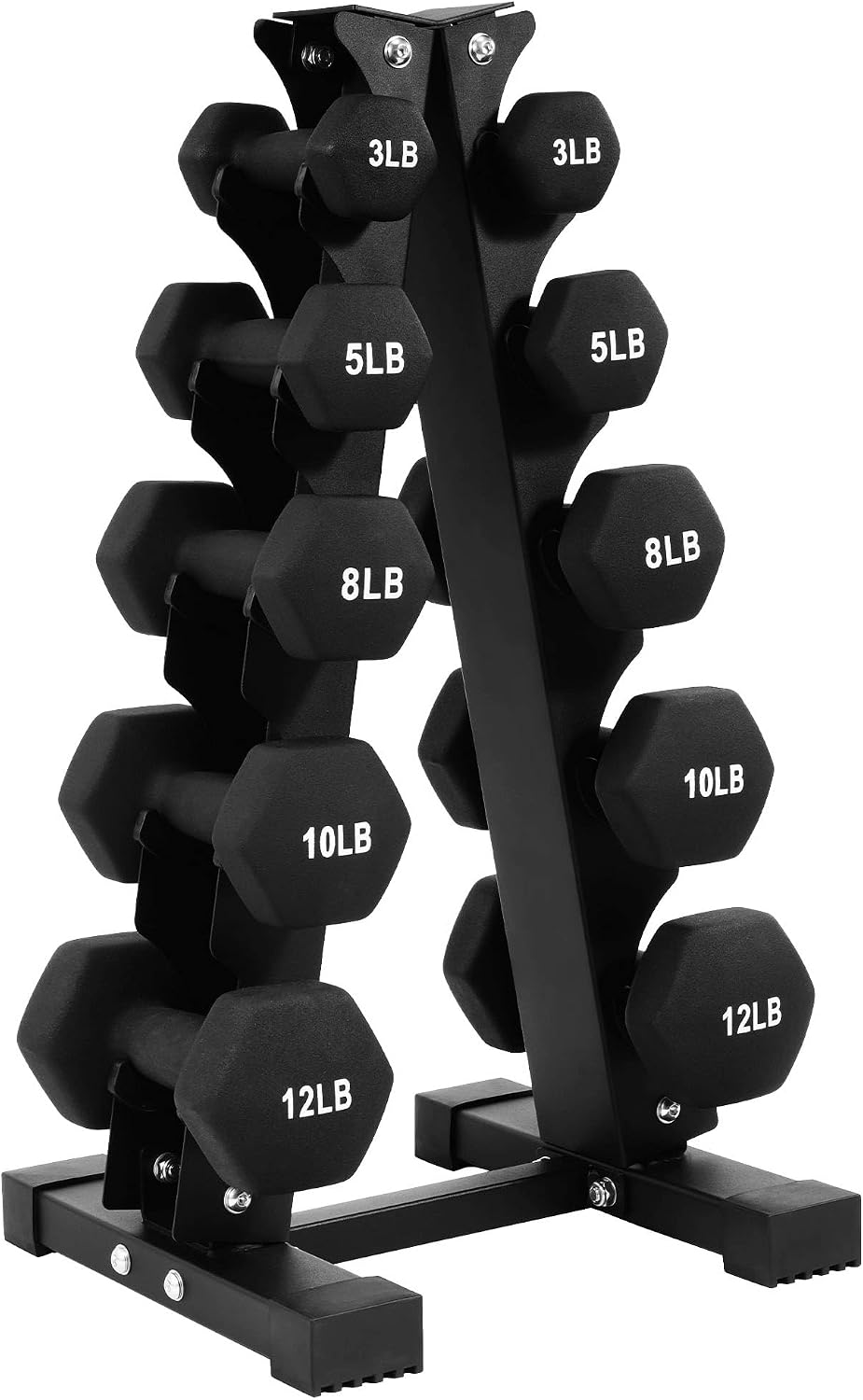 BalanceFrom Neoprene Coated Iron Dumbbell Hex Weights Set with Stand – Color-Coded or Black Options with Non-Slip Grip for Strength Training, Resistance Workouts, and Home Gym Fitness