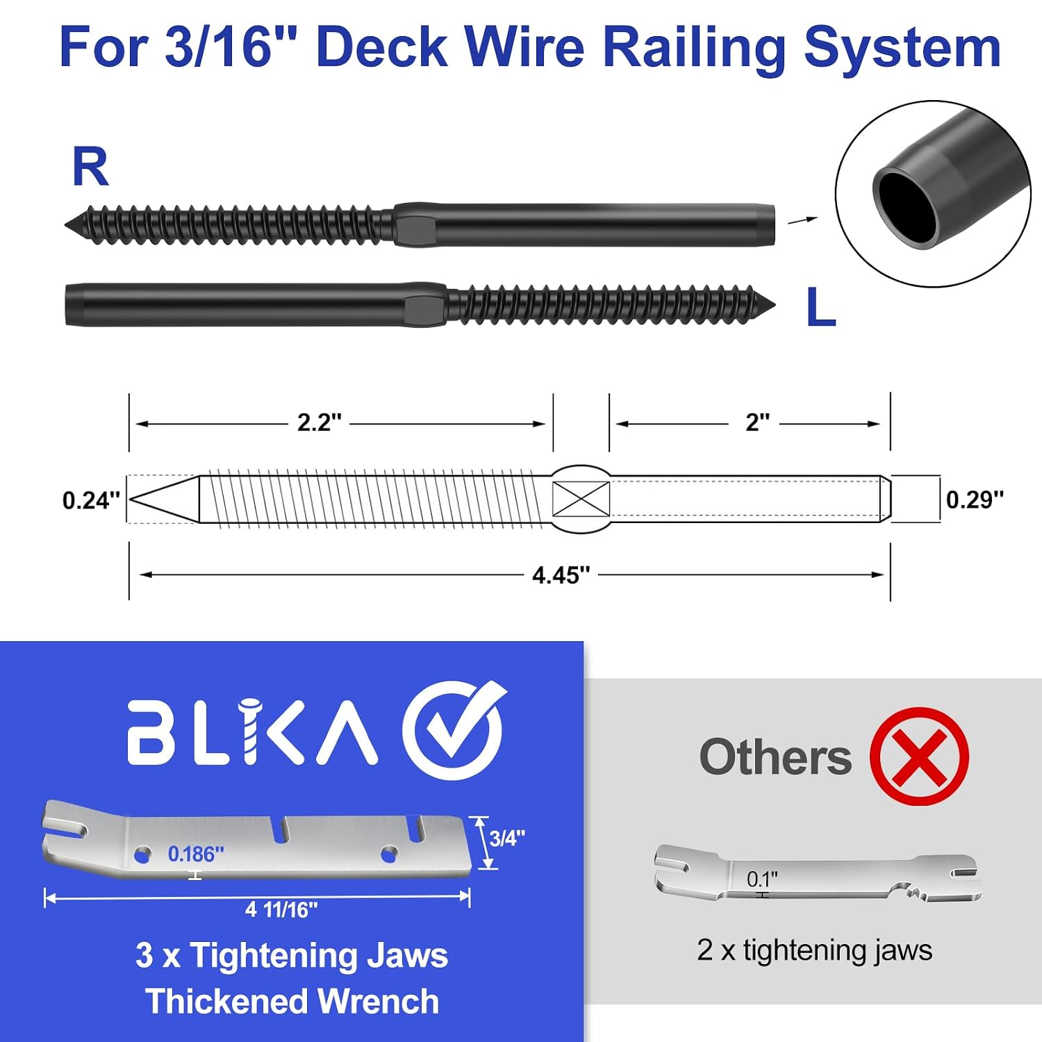 BLIKA 60 Pack 3/16' Black Right&Left Handed Thread Swage Lag Screws for Wood Posts of 3/16' Deck Cable Railing Kit, T316 Stainless Steel, Wire Railing Kit for Decks with Wrench, DIY Wood Baluster