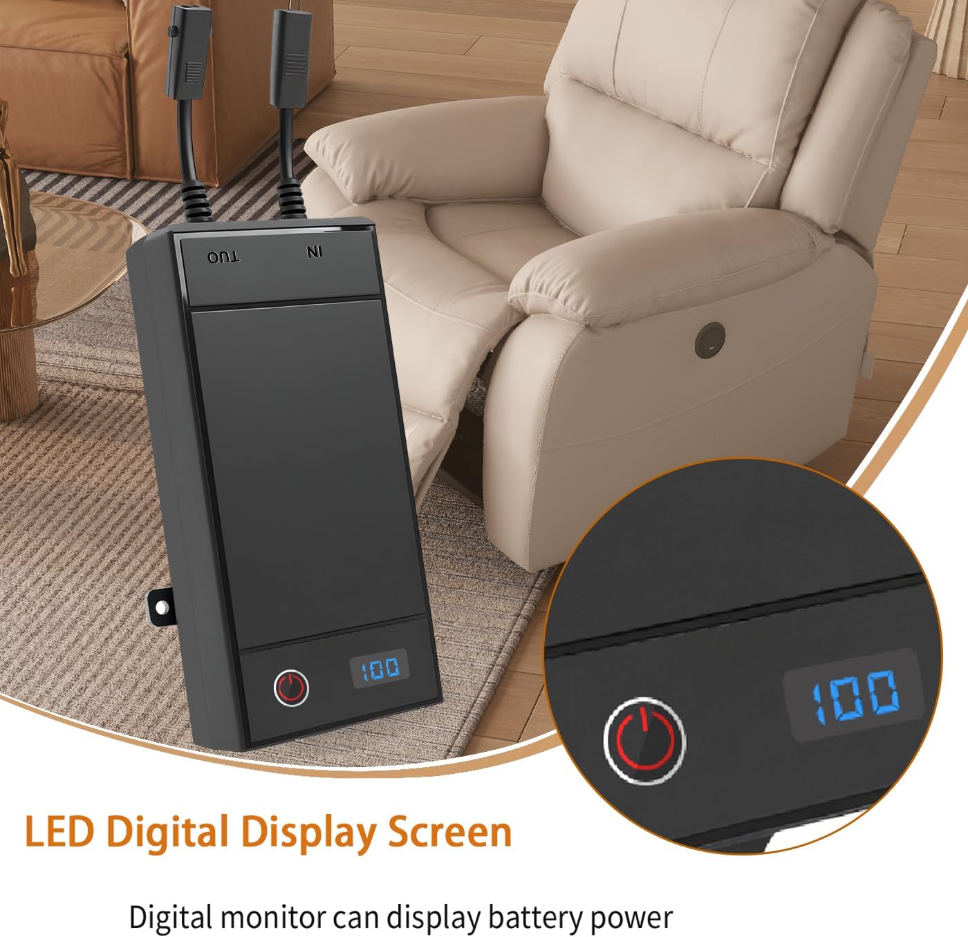 2 Pack Battery Packs for Reclining Furniture - 2500mAh with LCD Display for Electric Recliners, Power Sofas, Lift Chairs and Couch - only Compatible with 2-Pin Connector Motion Furniture