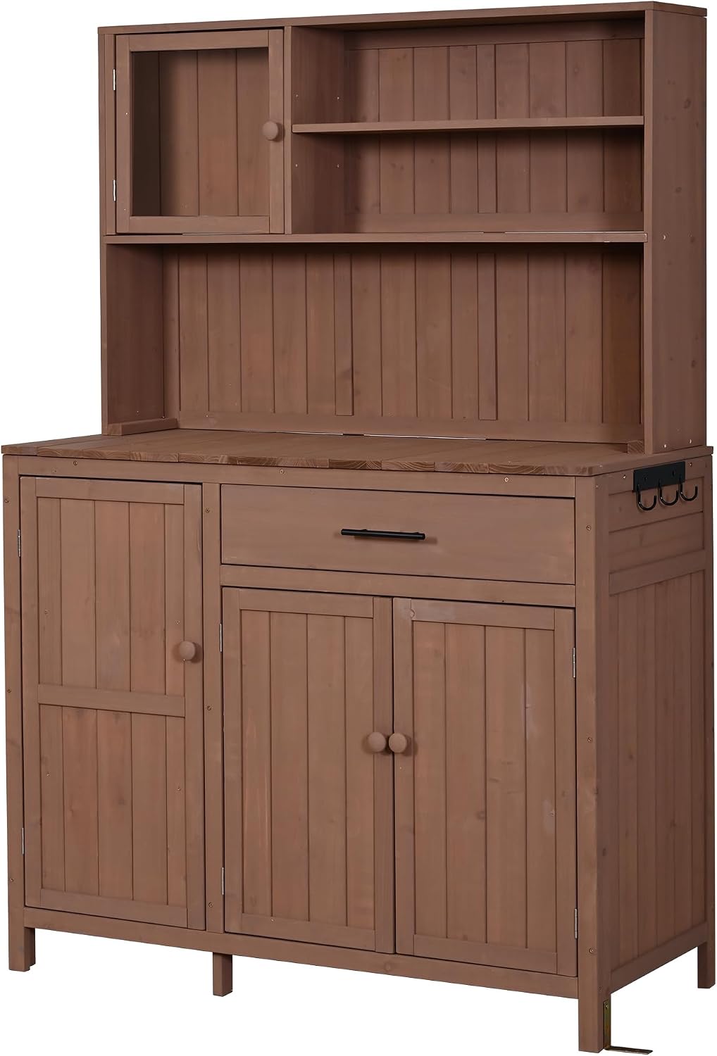 Outdoor Potting Bench with Large Countertop and Hutch, Wood Garden Workstation with Adjustable Shelves, Spice Rack, Side Hook and Drawer (Brown)