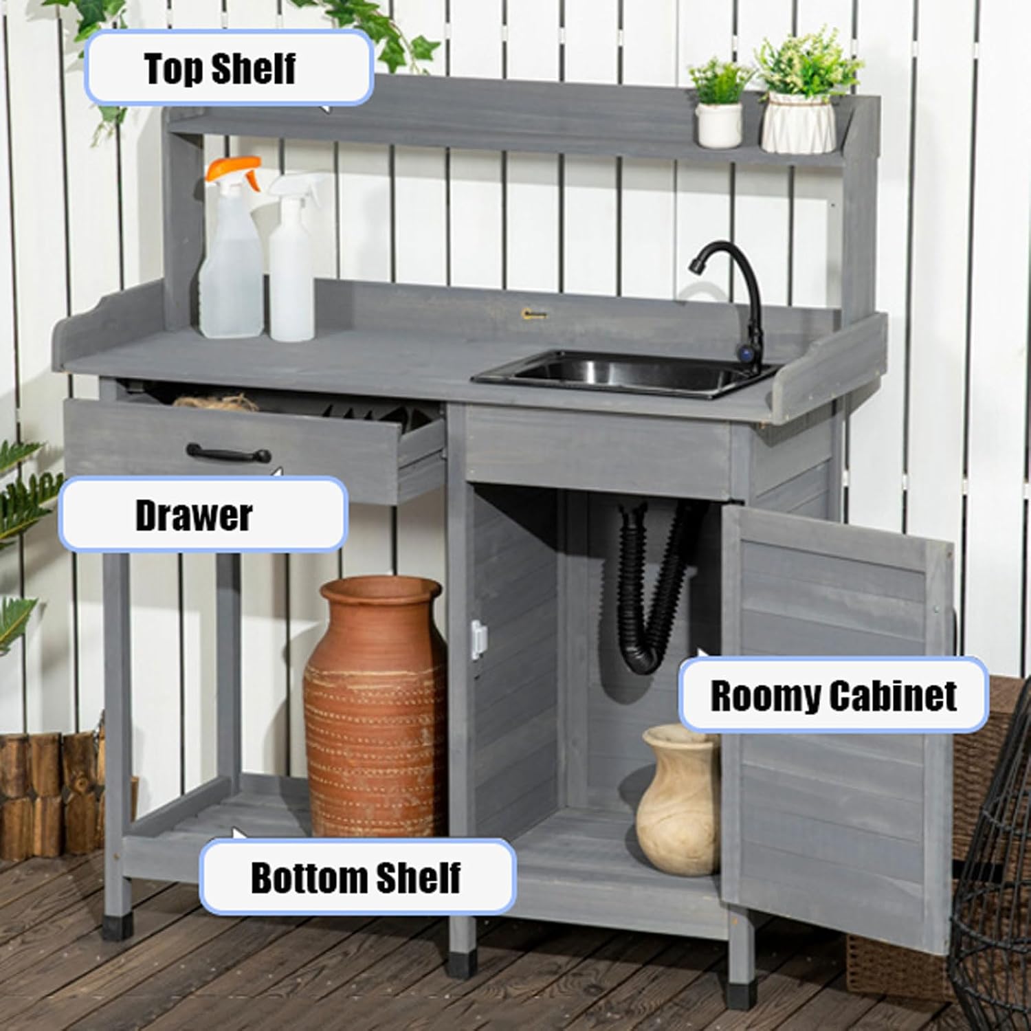 Outdoor Potting Bench Table Wooden Potters Benches Table with Removable Sink, Faucet, Drawer, Storage Cabinet, Top Shelves, Hooks, Outside Lawn Patio Garden Workstation, Gray