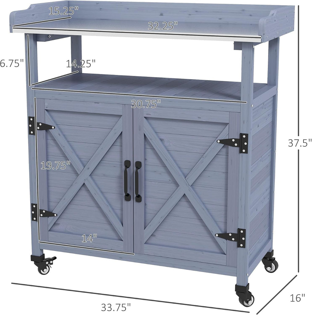 Heavy-Duty Outdoor Potting Bench with Aluminum Tabletop Built-in Storage Cabinet Rubber Casters Gray Weather-Resistant Durable