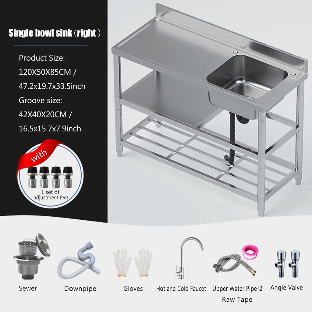 Stainless Steel Utility Sink with Workbench, Commercial Restaurant Sink Kitchen Sinks Set Prep & w/Faucet & Drainboard, Laundry Room Single Bowl Outdoor Kitchen Sinks(Hot Cold Faucet Right,47.2in)