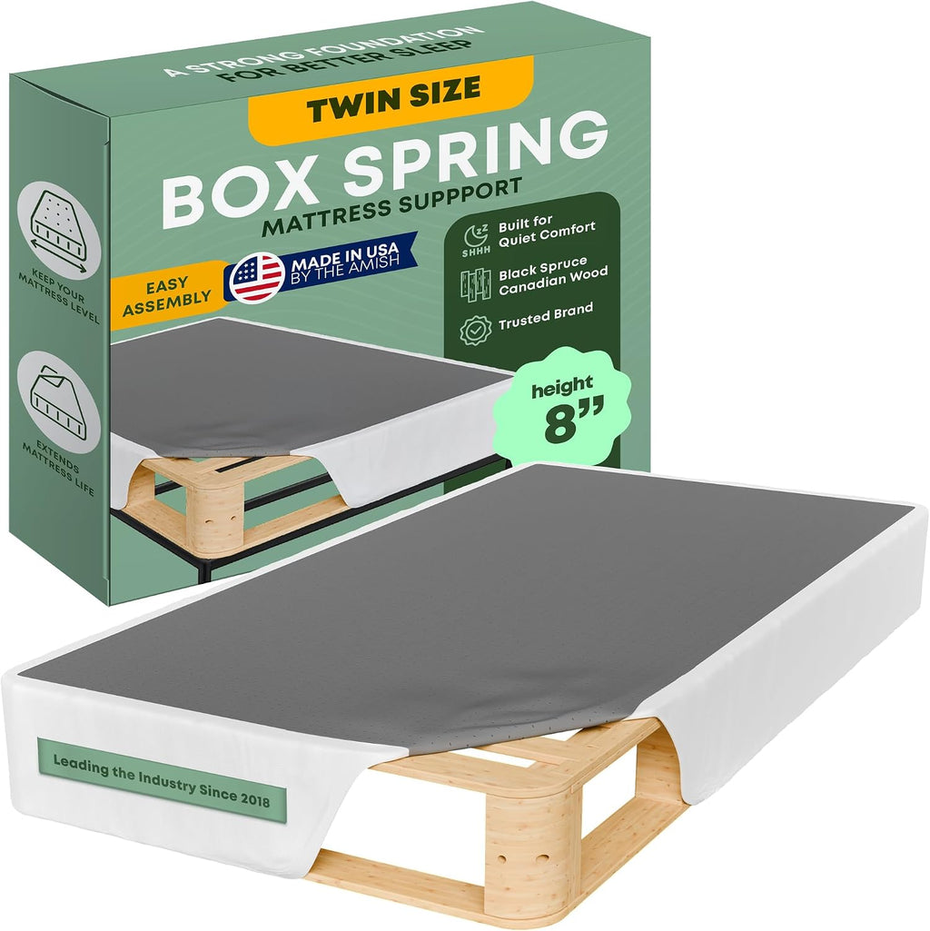 Greaton, Unassembled Twin Bed – 8-Inch Wood Box Spring Only – Amish Made in USA – Quiet Noise-Free Replacement Mattress Packed Flat, Easy Assembly (White), 8' Foundation