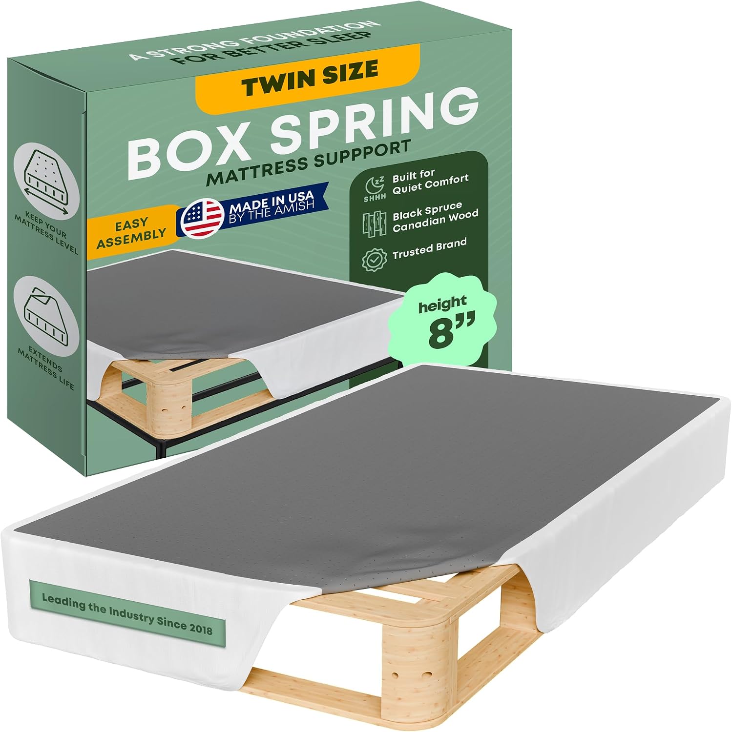 Greaton, Unassembled Twin Bed – 8-Inch Wood Box Spring Only – Amish Made in USA – Quiet Noise-Free Replacement Mattress Packed Flat, Easy Assembly (White), 8' Foundation