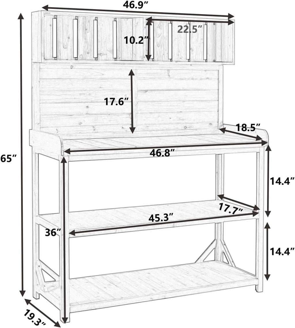 65' Large Wooden Farmhouse Potting Bench – Rustic Outdoor Garden Workstation with 4 Storage Shelves & Side Hooks (Green 1, 46.9x19.3x65)