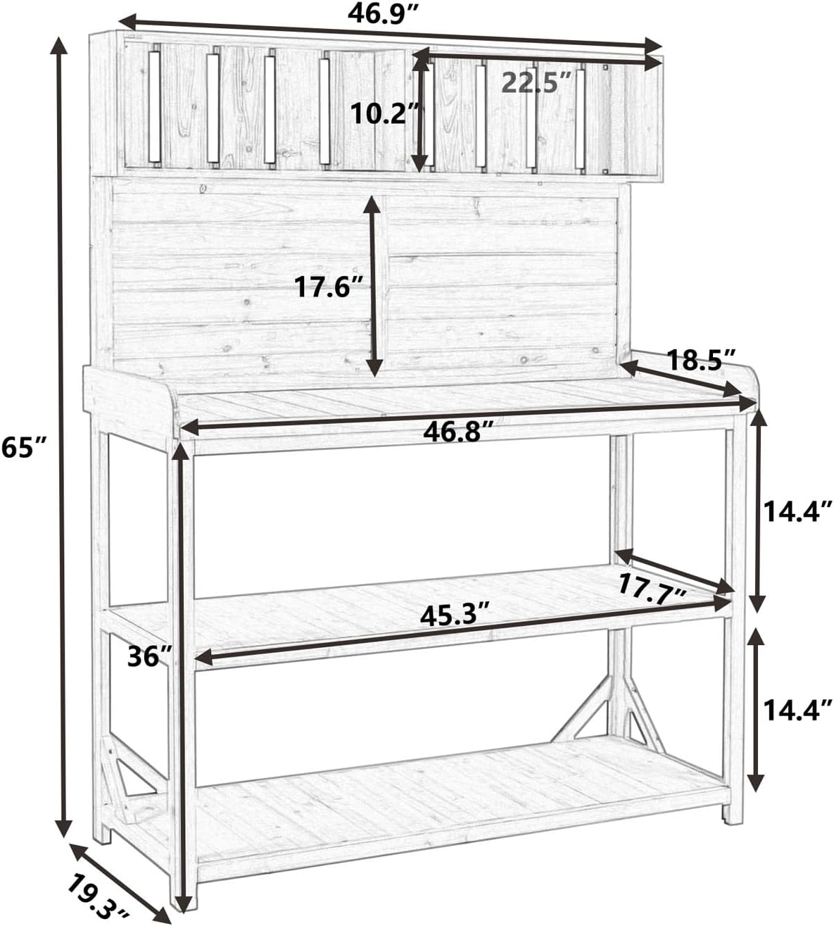 65' Large Wooden Farmhouse Potting Bench – Rustic Outdoor Garden Workstation with 4 Storage Shelves & Side Hooks (Green 1, 46.9x19.3x65)