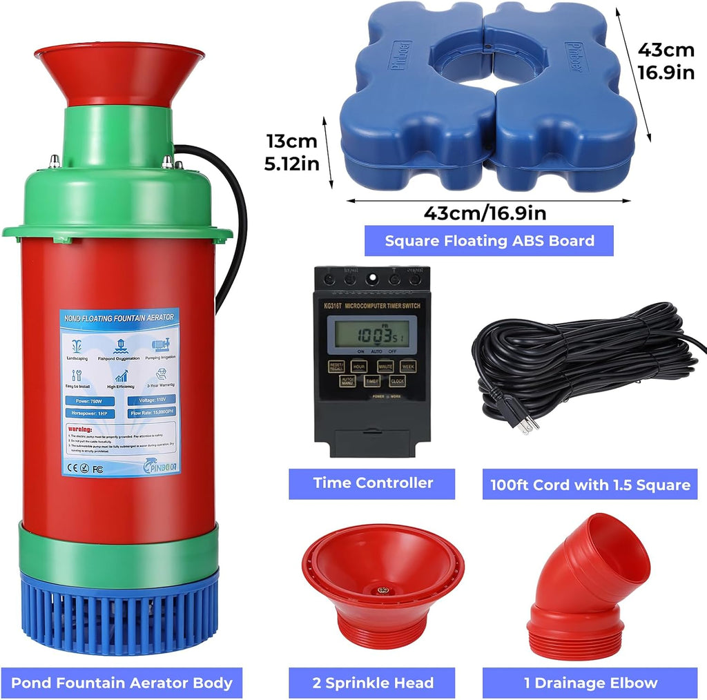 Pond Fountain Aerator with Time Controller-15000 GPH,110V 1HP 750W Floating Fountain Aeration System for Large Ponds,Aerating Fountain Pump for Outdoor Ponds & Lakes with 15A/100FT Power Cord