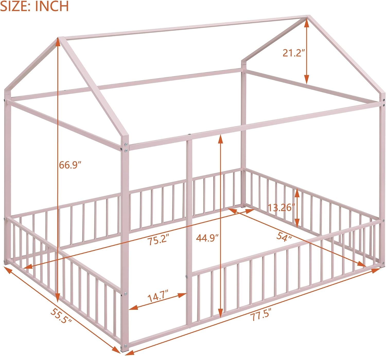 Bellemave Full Size House Floor Montessori Bedframe with Rails and roof, Metal House Bed for Kids, Montessori Floor Beds for Kids White