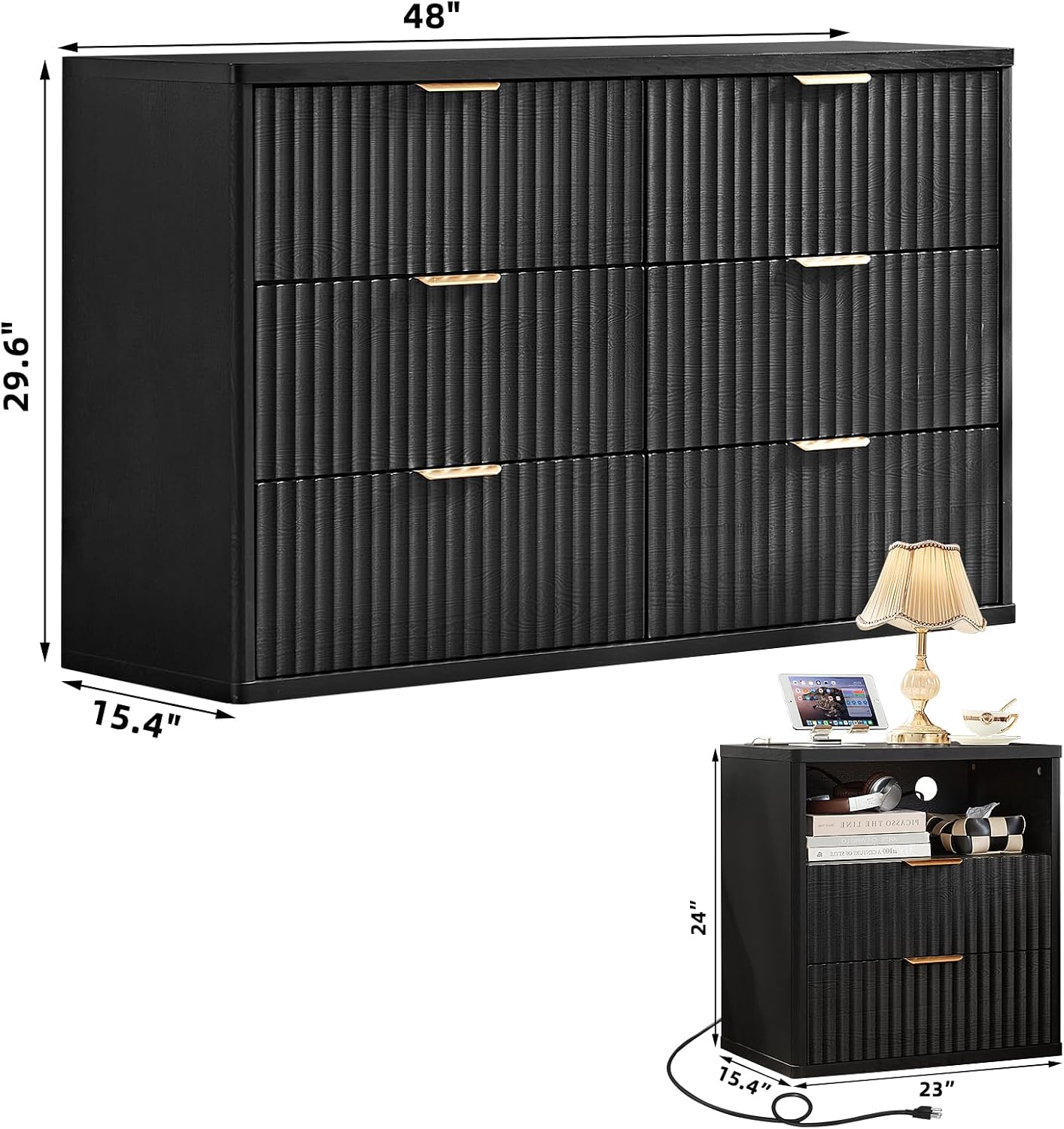 LEYAOYAO Fluted Dresser and 2 Drawers Nightstand Set of 2, Wood 48' Wide Dresser & 23' Night Stand with Charging Station, 3 Piece Bedroom Furniture Set, Chest of Drawers for Home,Living Room,Black