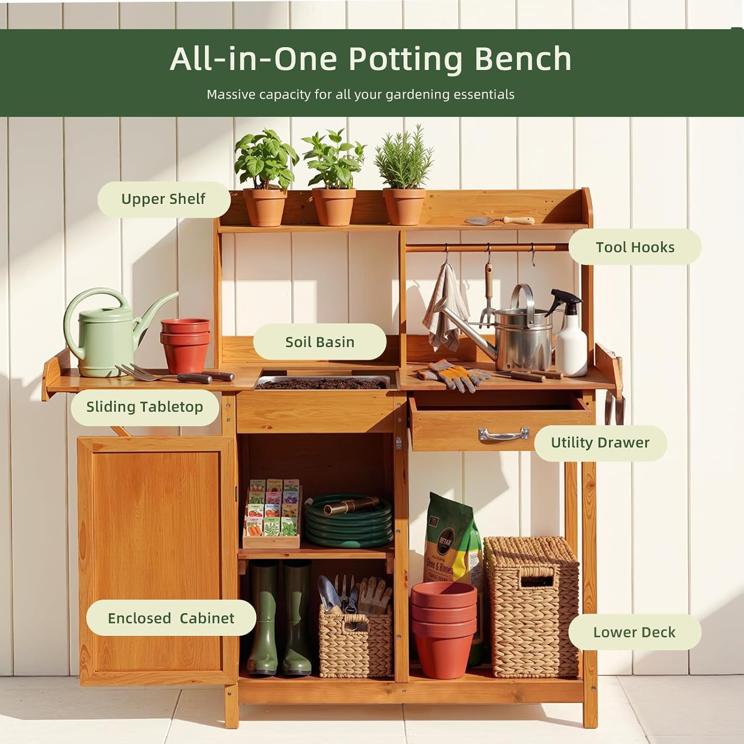 OOOK Potting Bench, Nordic Scots Pine Potting Table with Sliding Tabletop, Removable Sink, Garden Bench, Workstation for Outside Patio Lawn, Wooden Garden Work Station