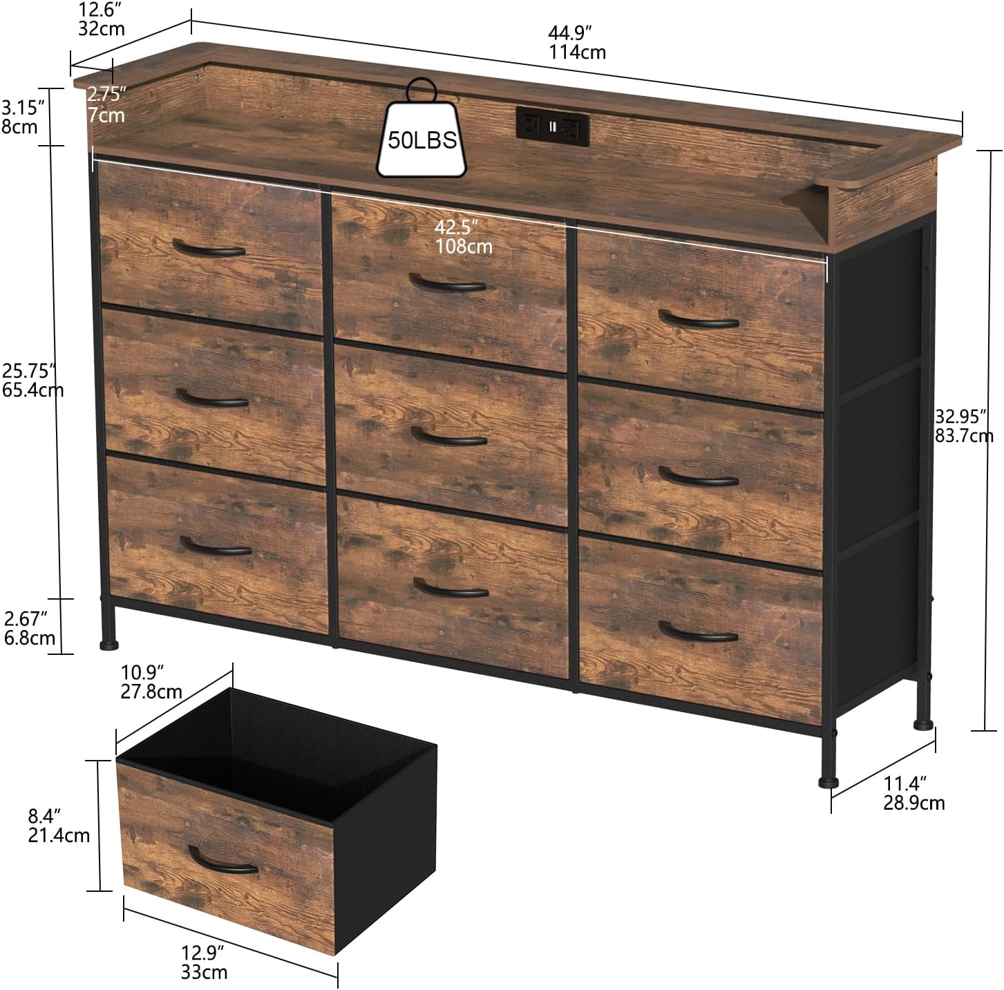 EXOTICA Industrial Dresser for Bedroom with Charging Station and LED Light Fabric Storage Dresser with 9 Fabric Drawers Chest of Drawers for Closet Hallway Sturdy Steel Frame Wooden Top
