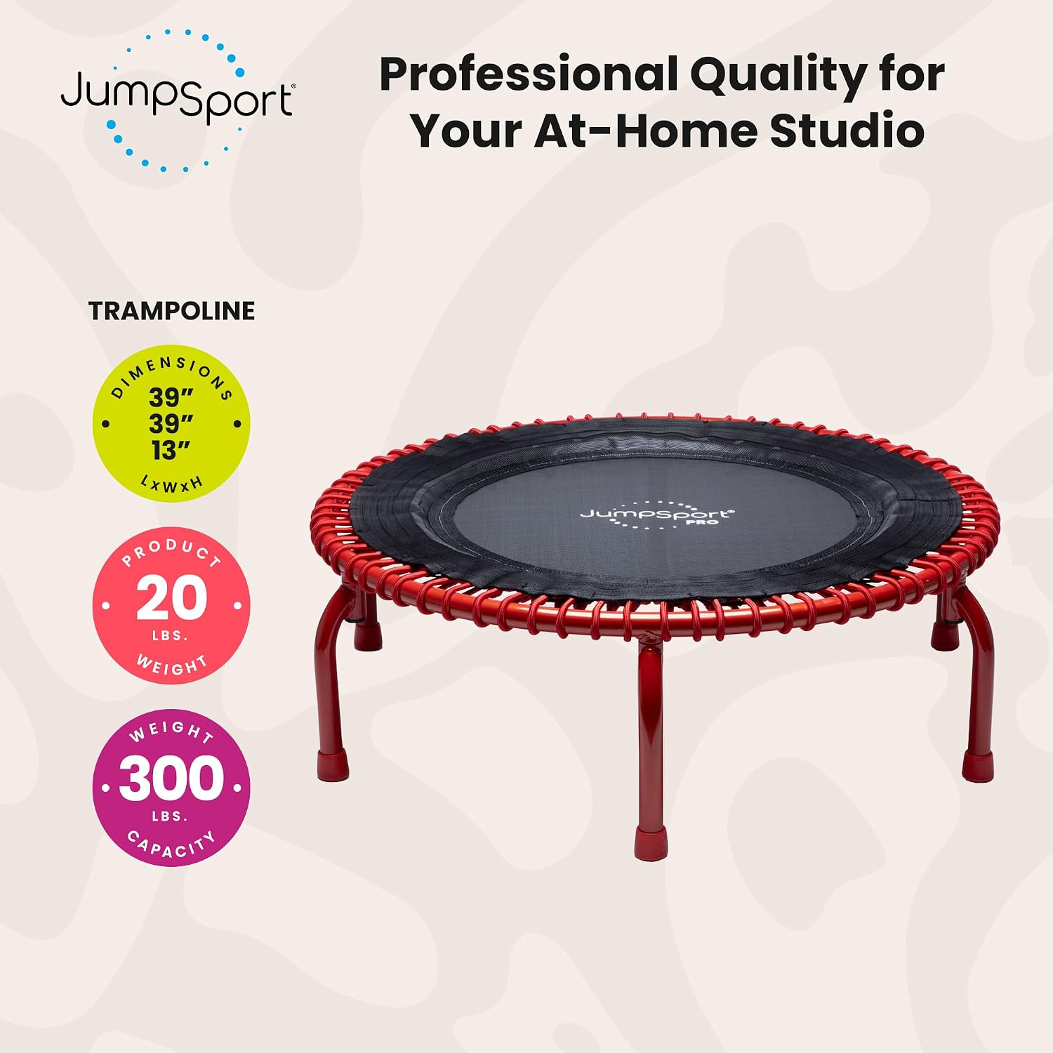 JumpSport 350 PRO 39 Inch Fitness Trampoline Indoor Rebounder Cardio Workout Equipment 300 lb Capacity