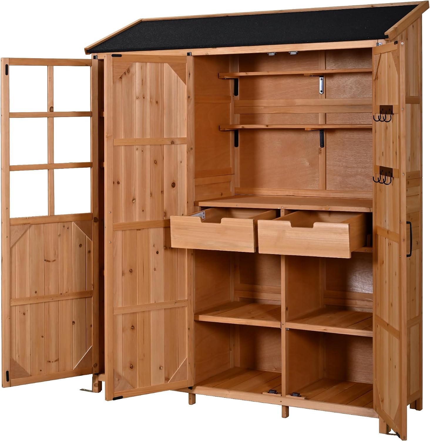 Merax Potting Bench with Waterproof Roof, Patio Garden Shed with 3 Doors Storage Cabinet with Workstation, 7 Storage Shelves, 2 Drawers and 6 Hooks for Backyard, Natural