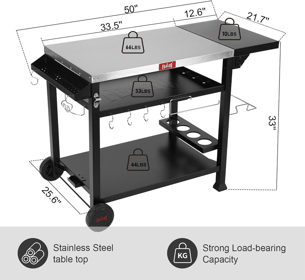 Feasto 40x26 Grill Cart, Stainless Steel Top, 3-Shelf with Wheels & Cover | Pizza Oven Table, Pizza Oven Stand, BBQ Grill with Wheels for Food Prep, Outdoor & Indoor, Dining, Kitchen Cart Table