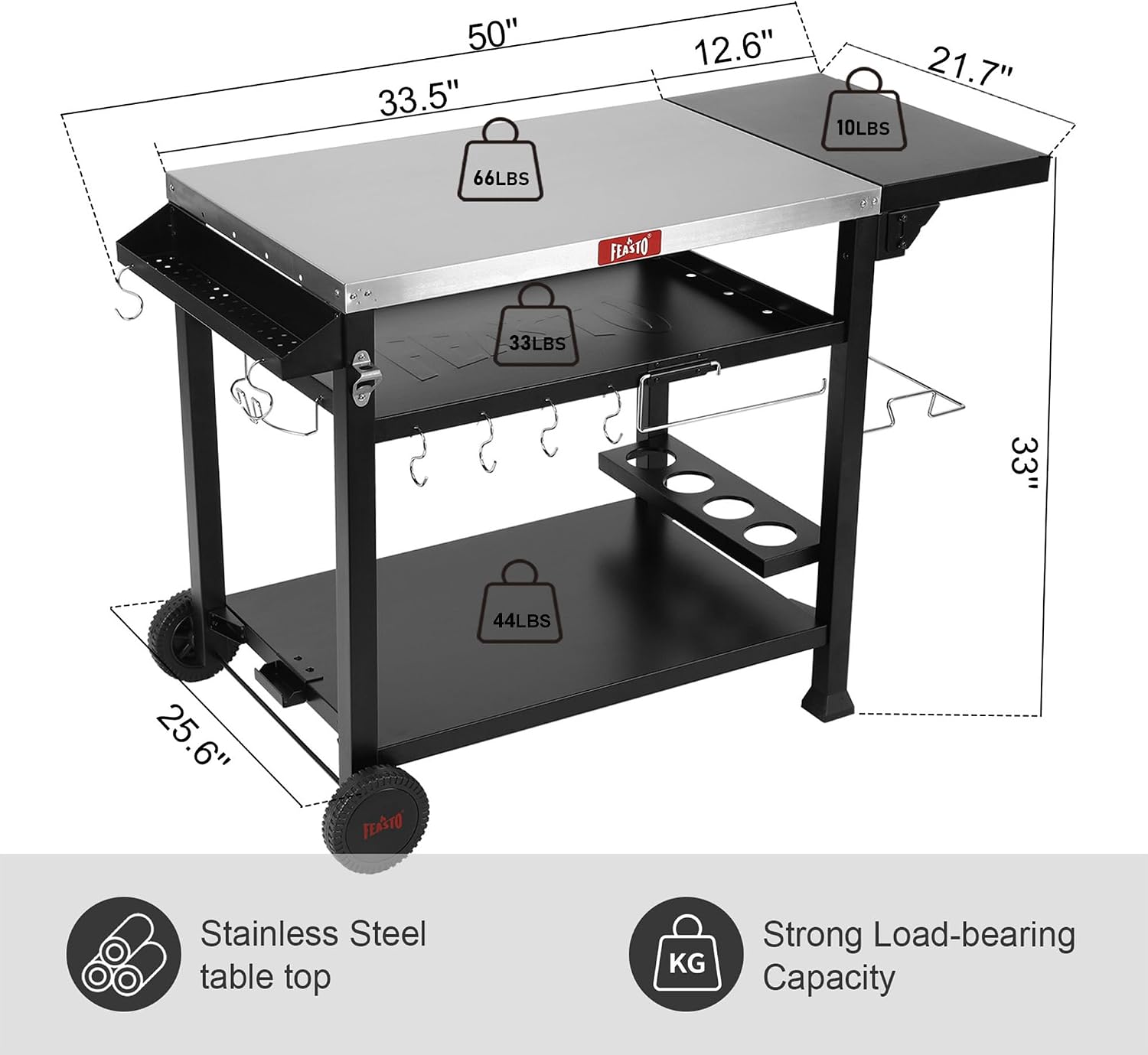 Feasto 40x26 Grill Cart, Stainless Steel Top, 3-Shelf with Wheels & Cover | Pizza Oven Table, Pizza Oven Stand, BBQ Grill with Wheels for Food Prep, Outdoor & Indoor, Dining, Kitchen Cart Table