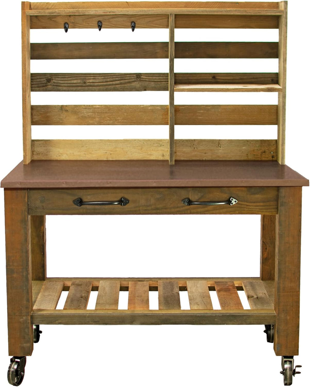 Copper Potting Table, Outdoor Garden Buffet Table and Patio Island, Gardening Workbench, Copper Table-Top with Black Iron Castors & Brakes (with Tool Hooks and Drawer Pulls, 5in Black Casters)