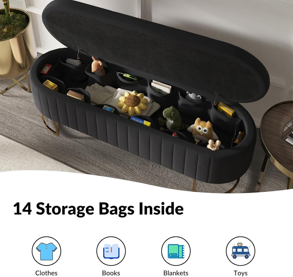 EcoHarbor Living 55.5' Storage Bench Ottoman End of Bed Bench Bedroom Bench, Upholstered Velvet Long Window Bench Large King Size with Gold Legs, Flipping Lid Entryway Footrest (Black)