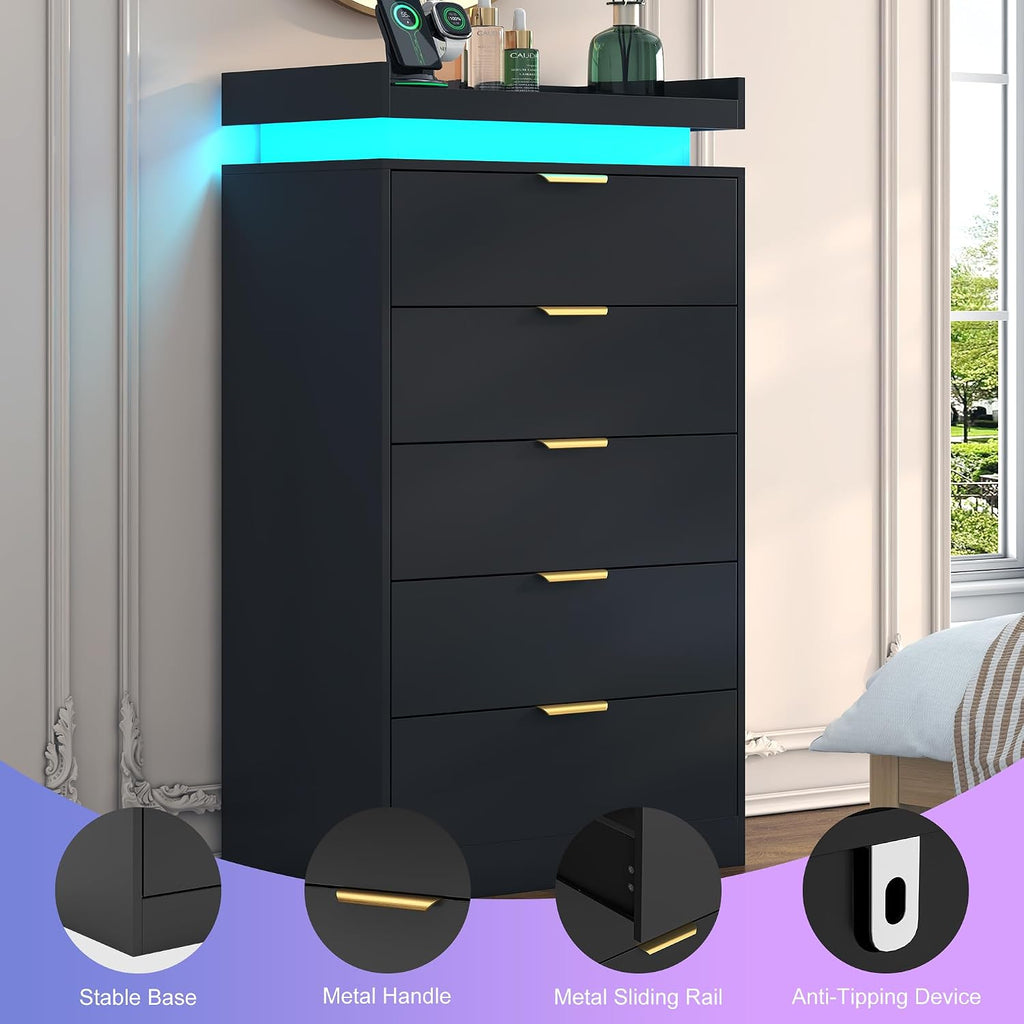 UNIQUITE Tall Dresser for Bedroom, Black Dresser with LED Lights, Wood 5 Drawer Chest with Power Outlet, Modern Tall Chest of Drawers for Bedroom, Entryway, Hallway