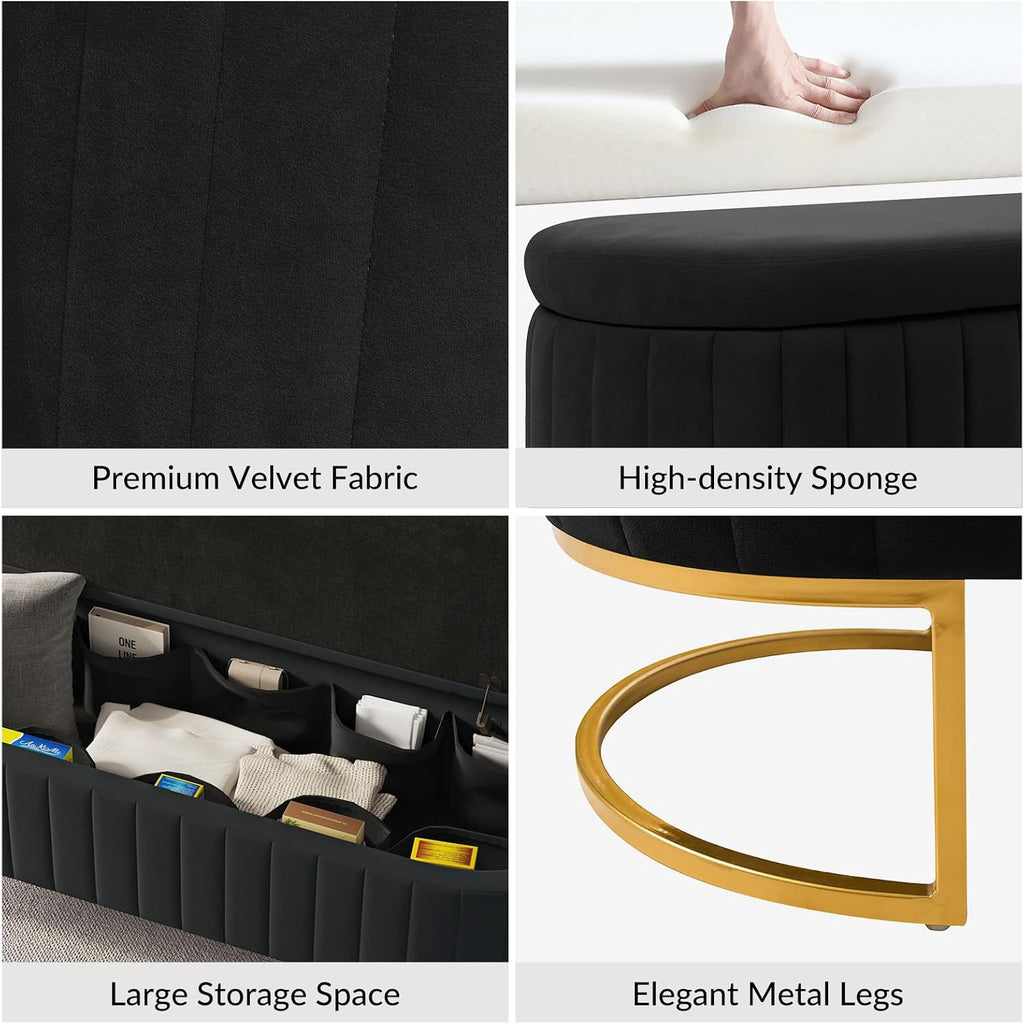 EcoHarbor Living 55.5' Storage Bench Ottoman End of Bed Bench Bedroom Bench, Upholstered Velvet Long Window Bench Large King Size with Gold Legs, Flipping Lid Entryway Footrest (Black)