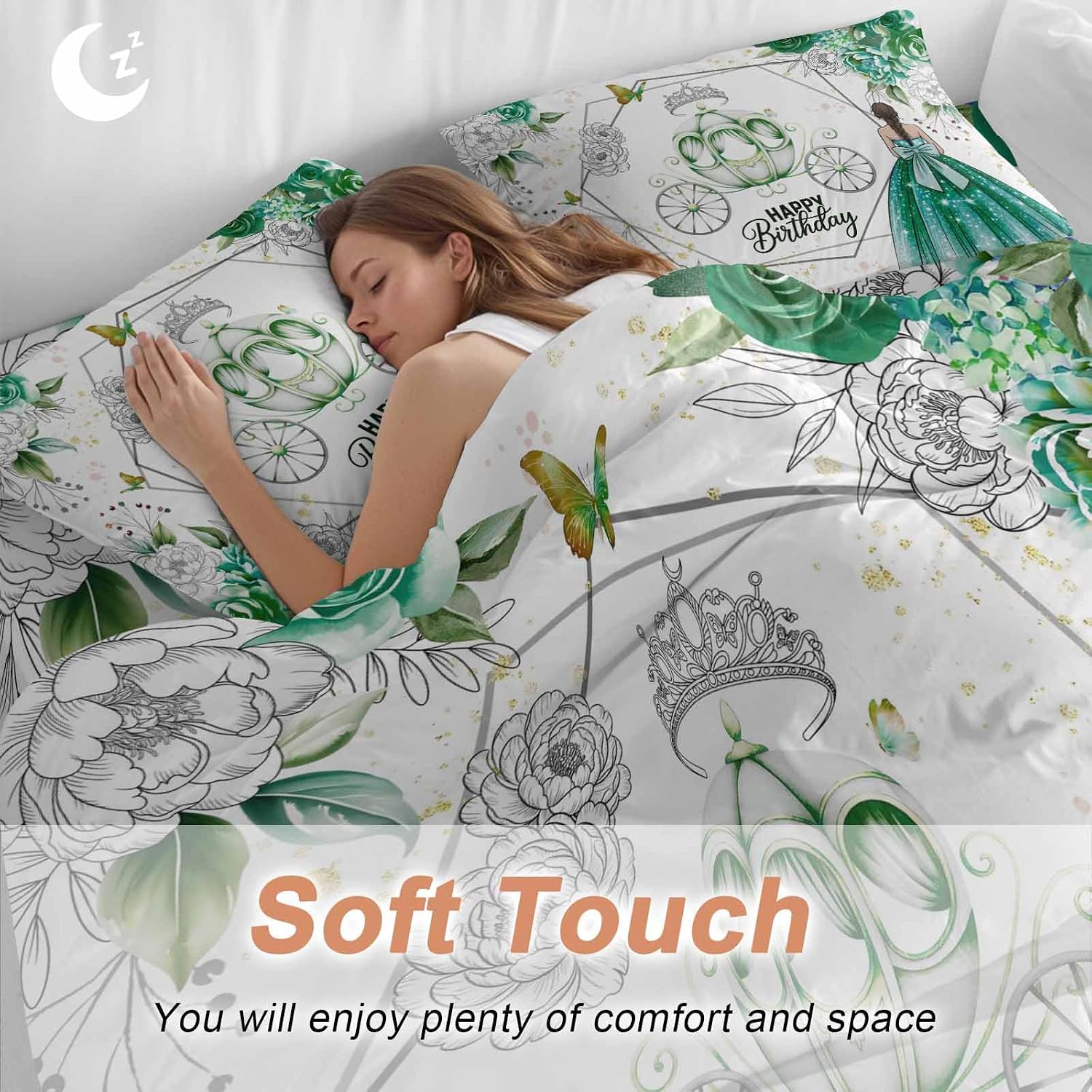 Happy Birthday Duvet Cover Queen Size - 4 Pieces Bedding Set, Green Luxury Dress Crown Carriage Flowers Bedding Comforter Covers Zipper Closure, 1 Duvet Covers 1 Fitted Sheet 2 Pillow Shams