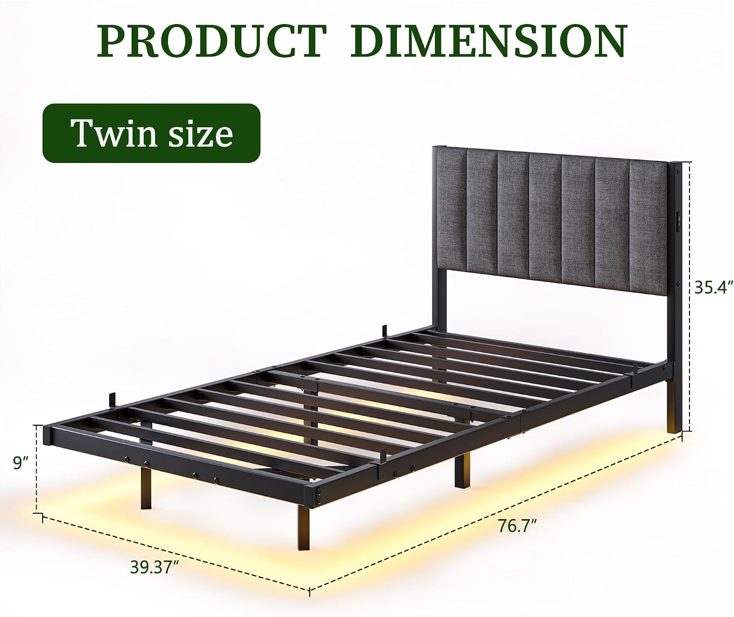 Floating Twin Bed Frame with LED Lights & USB Charging Station,Metal Platform Bed with Strong Slats Support,Floating Bed Frame Twin Size with Upholstered Headboard,Easy Assembly,Noise Free,Gray
