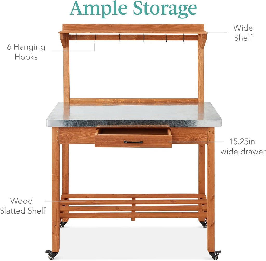 Best Choice Products Mobile Outdoor Table and Storage Cabinet w/Grill Accessory Hooks, 4 Locking Wheels, Stainless Steel Top for Patio Kitchen Island or Bar Cart - Medium Stained Brown