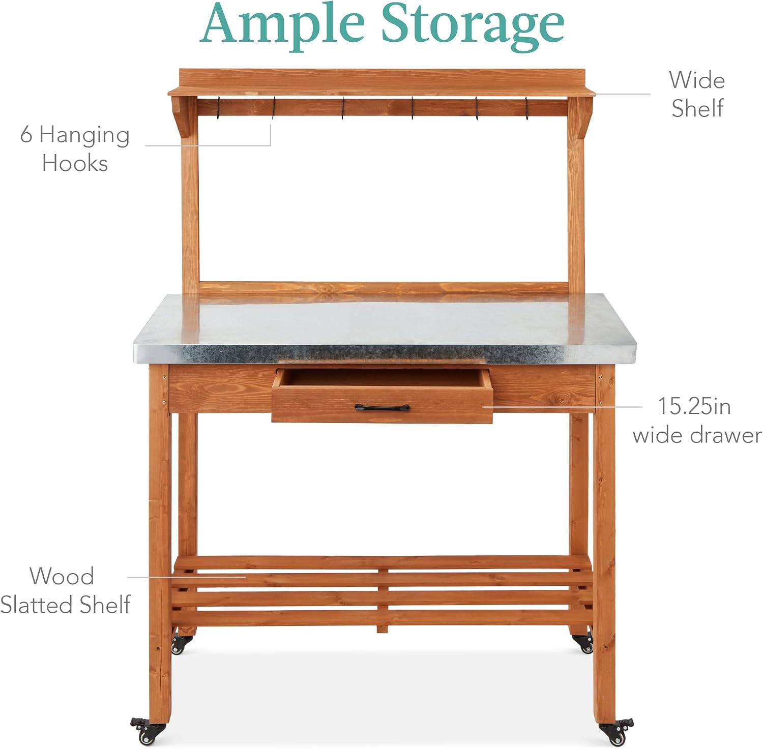 Best Choice Products Mobile Outdoor Table and Storage Cabinet w/Grill Accessory Hooks, 4 Locking Wheels, Stainless Steel Top for Patio Kitchen Island or Bar Cart - Medium Stained Brown