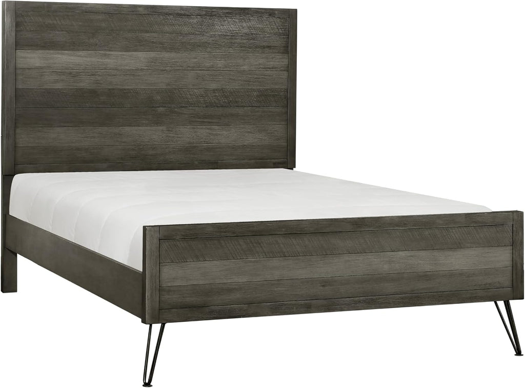 5-Piece Modern Full Size Bed Set Panel Gray Finish Solid Acacia Wood Metal Legs Bedroom Furniture