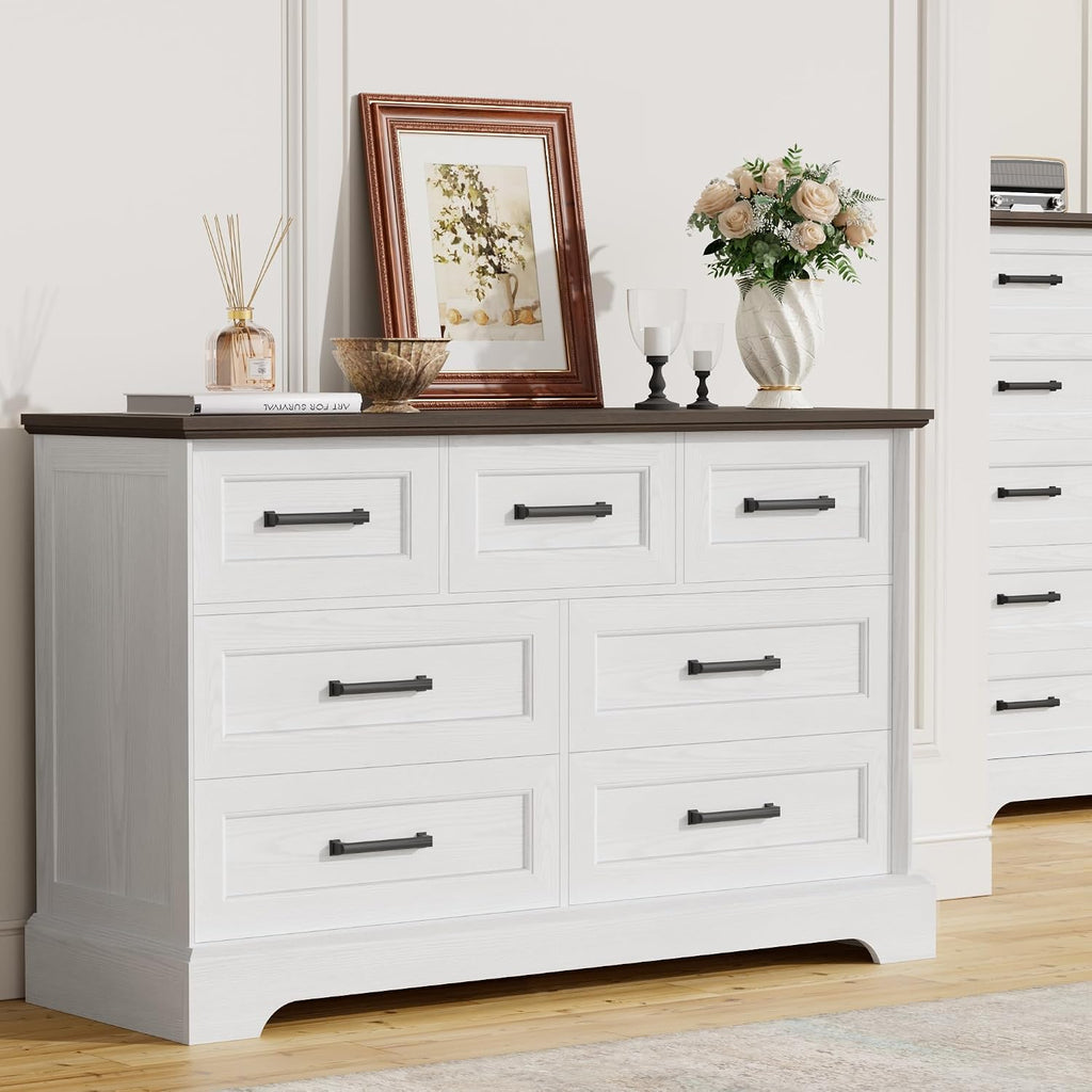 Furmax Farmhouse Dresser for Bedroom, 7 Drawers Dresser, Wood Chest of Drawers, 47.5' Wide Storage Dressers Organizer for Bedroom, Living Room, White and Brown