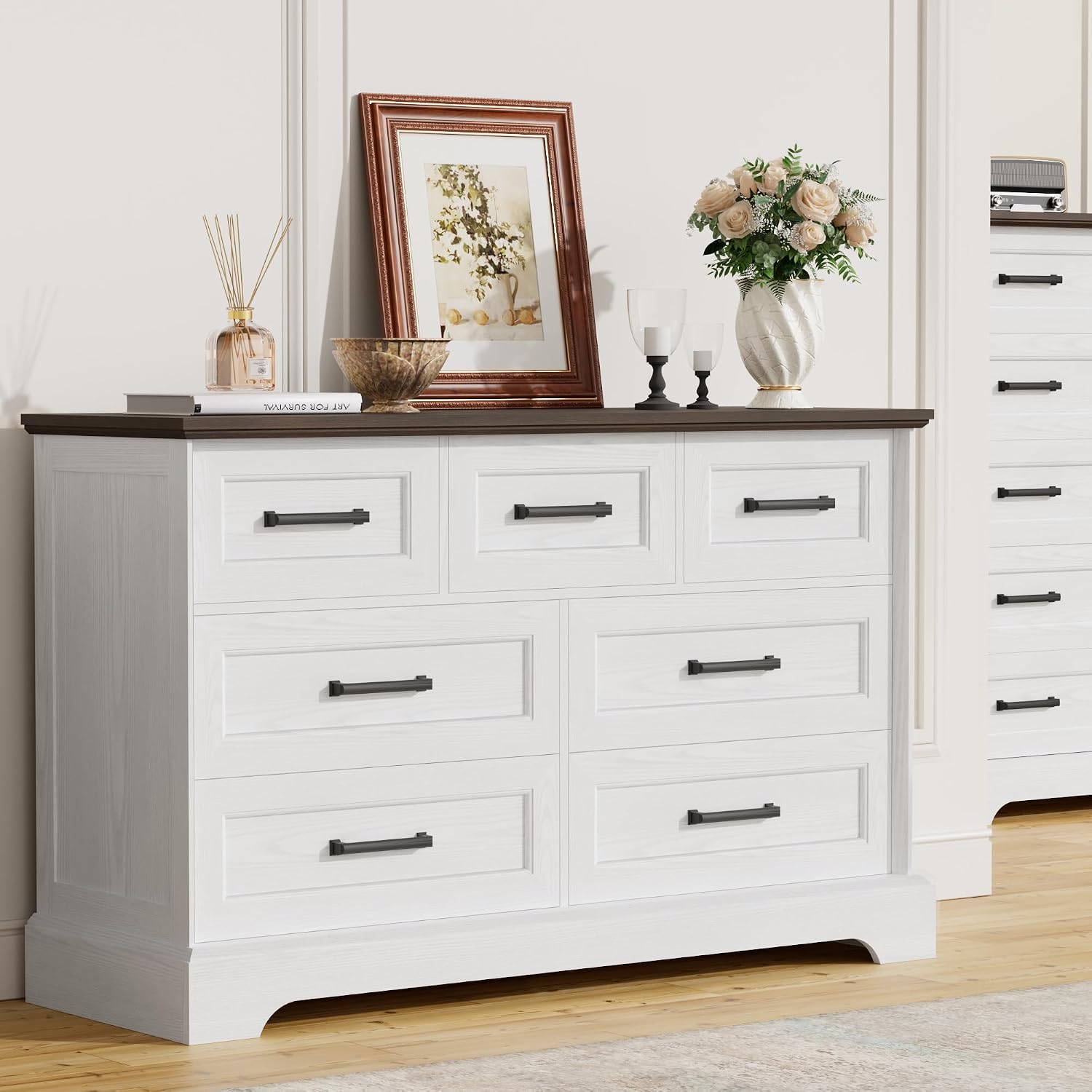Furmax Farmhouse Dresser for Bedroom, 7 Drawers Dresser, Wood Chest of Drawers, 47.5' Wide Storage Dressers Organizer for Bedroom, Living Room, White and Brown