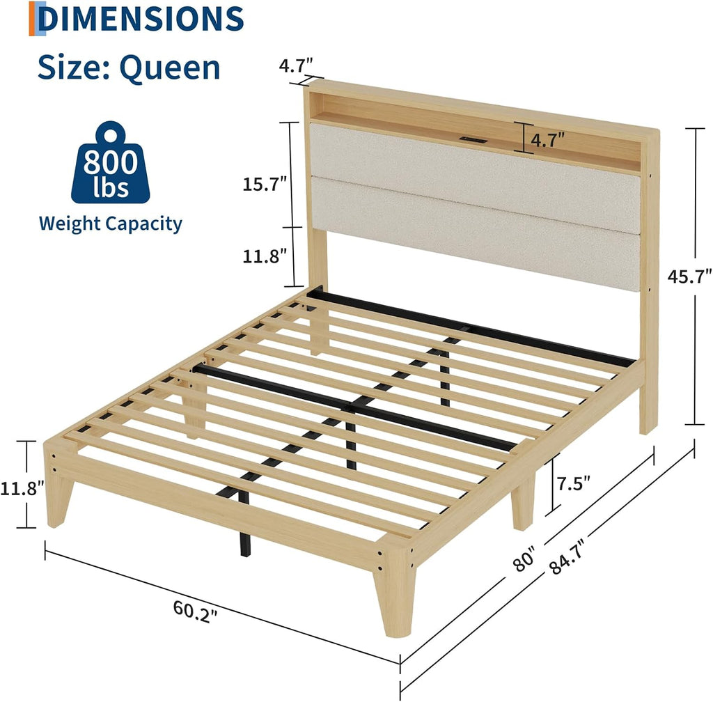 Garvee Queen Size Boucle Bed Frame with Headboard and LED Lights, Upholstered Platform Bed Frame with Charging Station and 2-Tier Storage Shelves, No Box Spring Needed, Easy Assembly, Cream