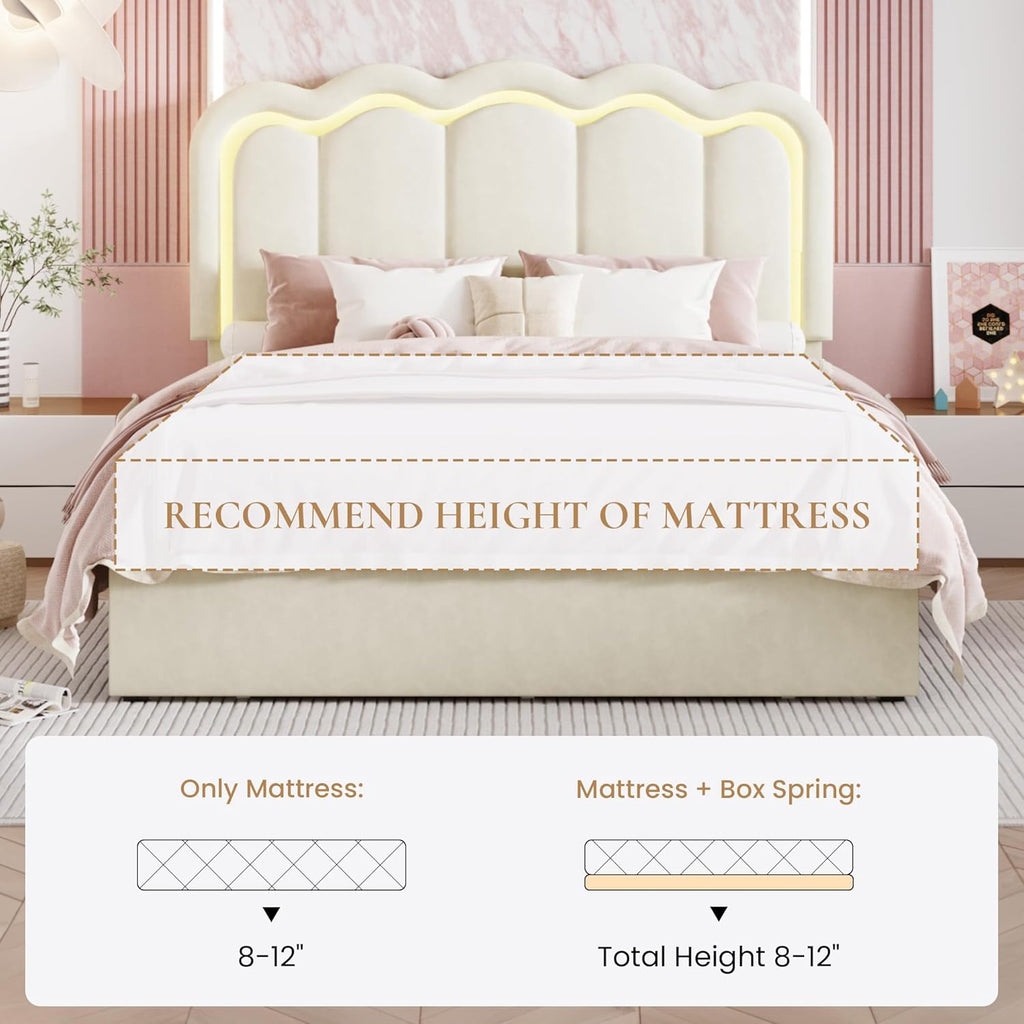 SHA CERLIN Upholstered Full Size Bed Frame with LED Lights and Large Storage Drawer, Velvet Platform Bed with Adjustable Wavy Headboard, Noise Free, Easy Assembly, No Box Spring Needed, Soft Cream
