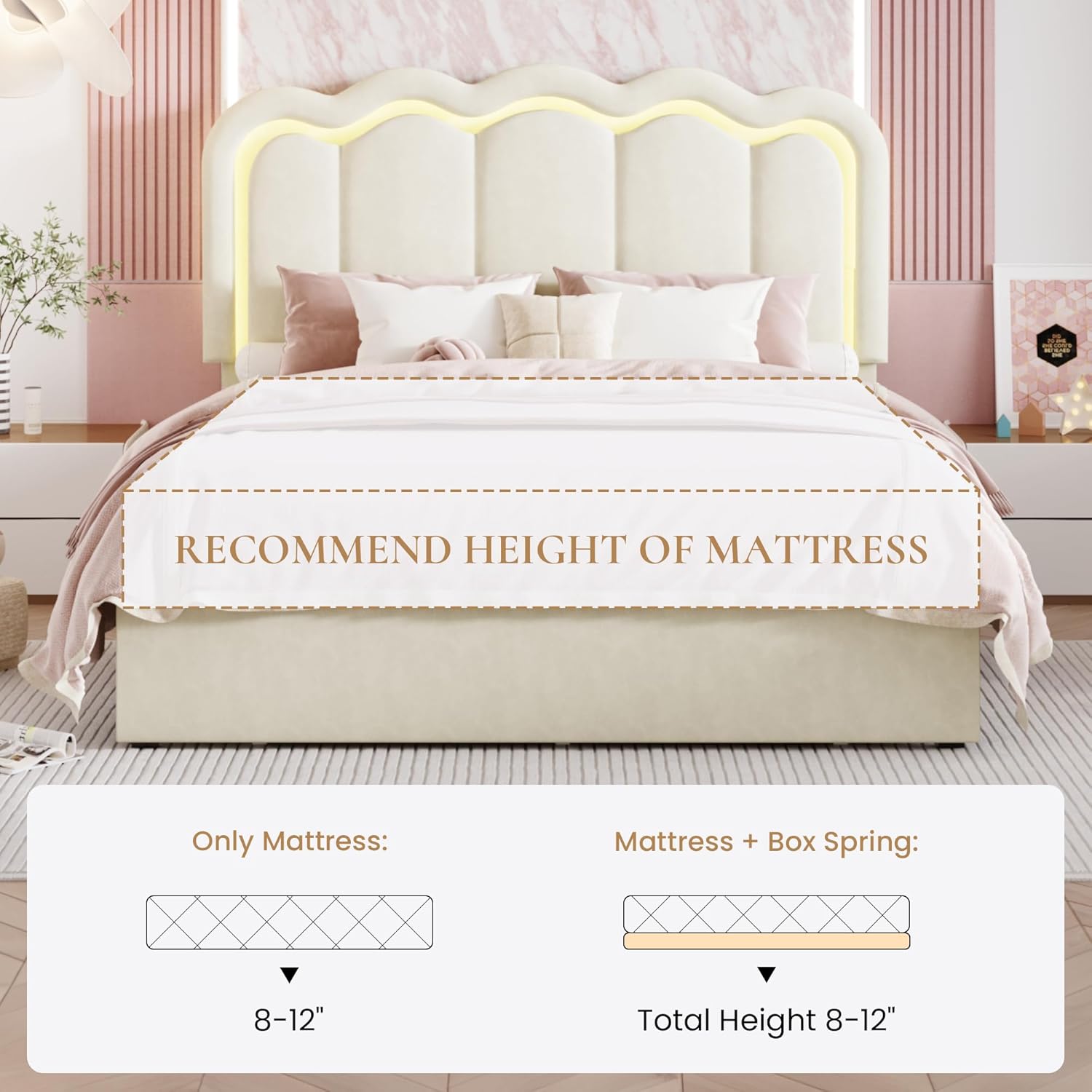 SHA CERLIN Upholstered Full Size Bed Frame with LED Lights and Large Storage Drawer, Velvet Platform Bed with Adjustable Wavy Headboard, Noise Free, Easy Assembly, No Box Spring Needed, Soft Cream
