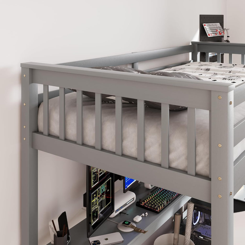 Merax Wood Loft Bed with Desk : Twin Size Loft Bed with 4-Storage Shelves and Under Bed Desk Solid Wood Bed, Grey