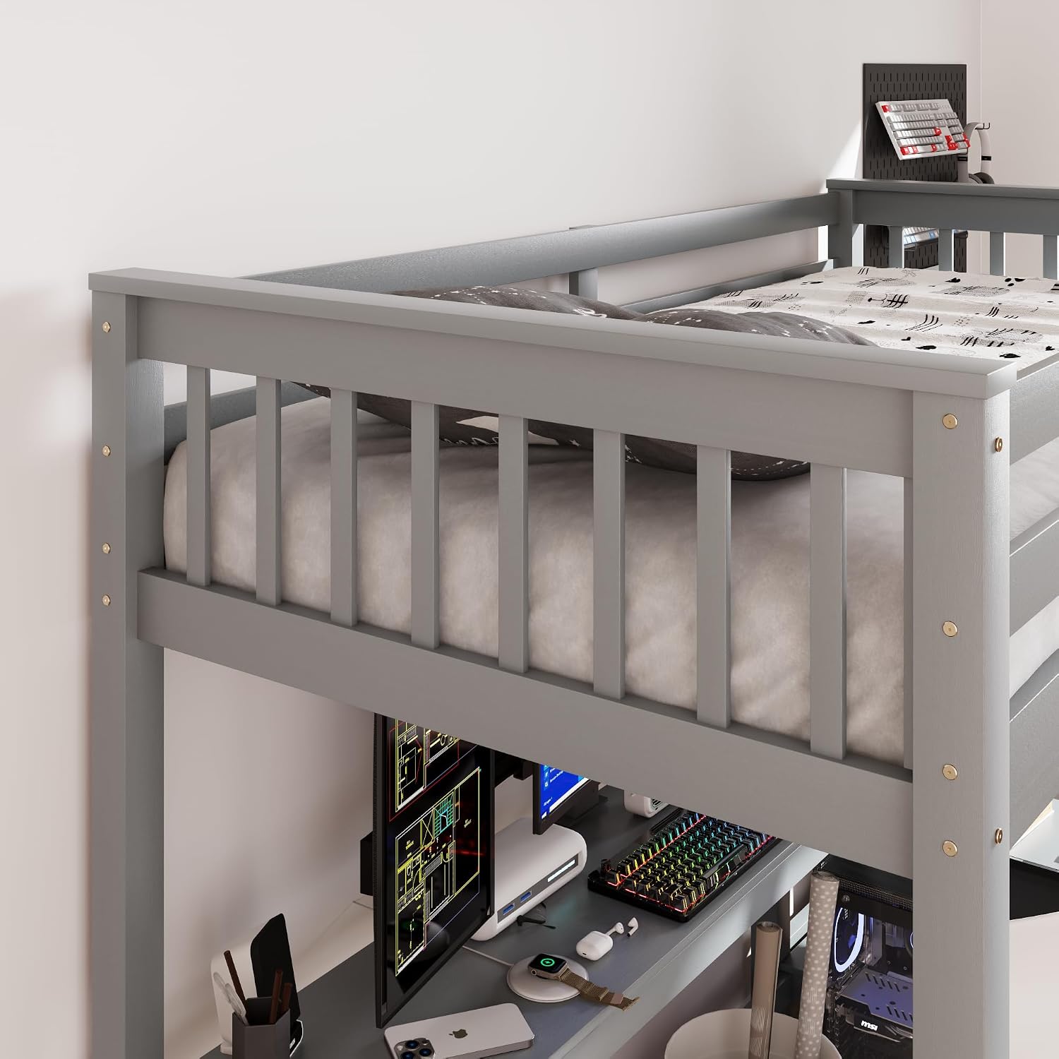 Merax Wood Loft Bed with Desk : Twin Size Loft Bed with 4-Storage Shelves and Under Bed Desk Solid Wood Bed, Grey