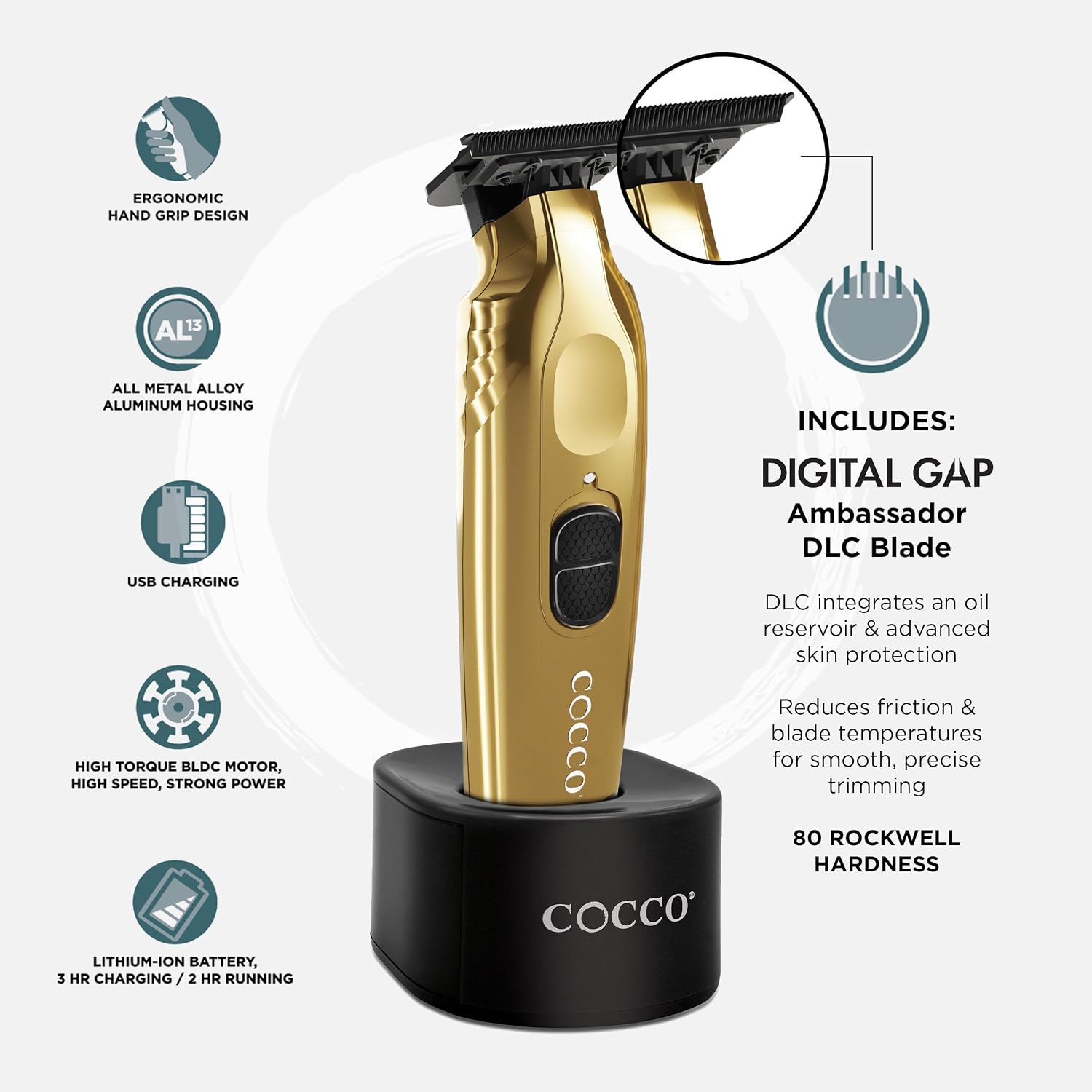 Cocco Veloce Pro Trimmer, Digital Gap Ambassador DLC Blade Edger | High-Torque Brushless BLDC Motor, Cordless, All-Metal Design, Lithium-Ion Battery, Charging Base Included
