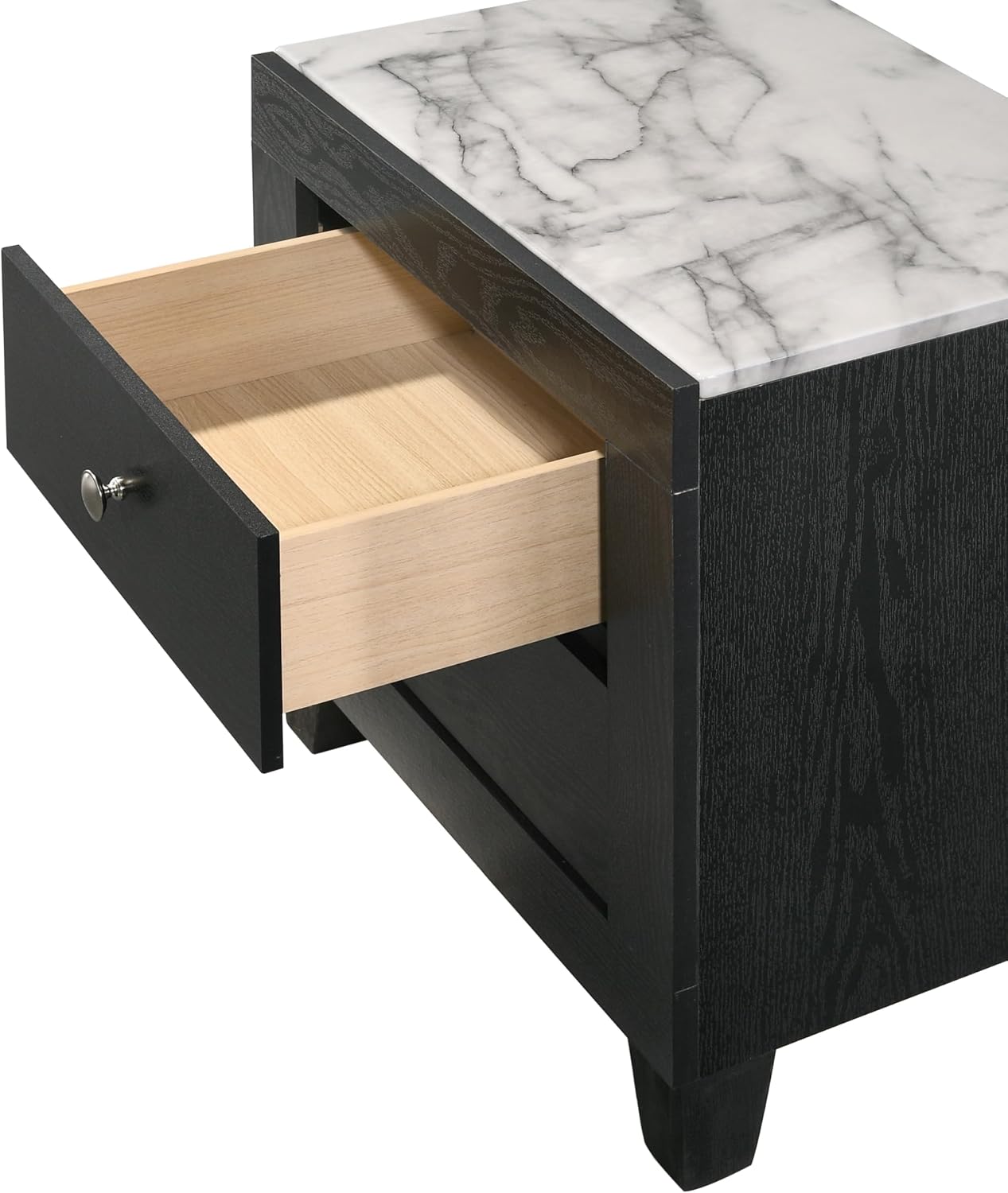 Modern 4Pc Black Finish King LED Light Headbaord Panel Bed Marble Look Accent Set Bedroom Solid Wood Wooden Furniture