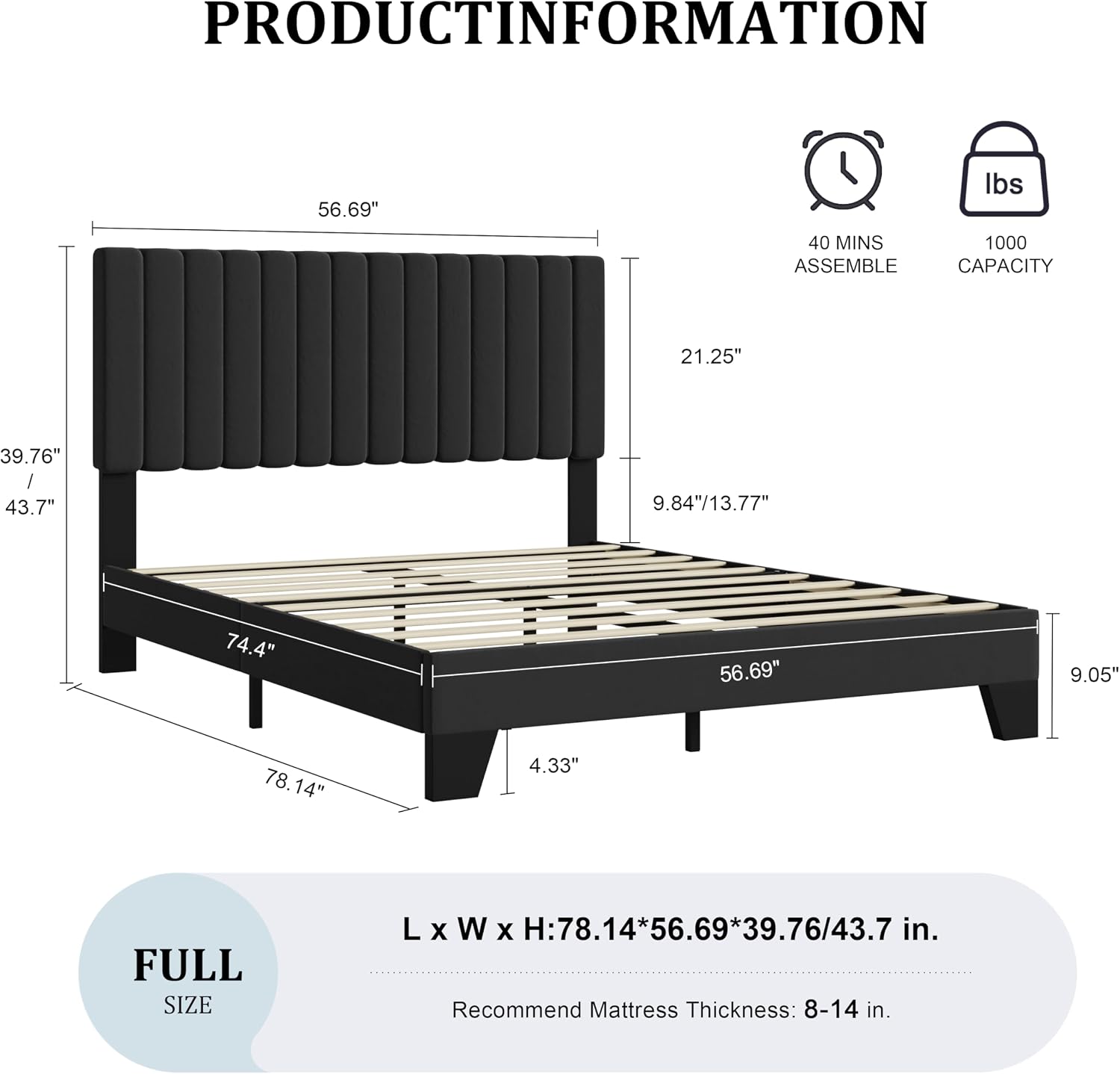 IOILORI Full Size Bed Frame, Velvet Upholstered Platform Bed with Adjustable Tufted Headboard, Sturdy Frame and Slats, Noiseless, No Box Spring Required, Easy to Assemble, Black
