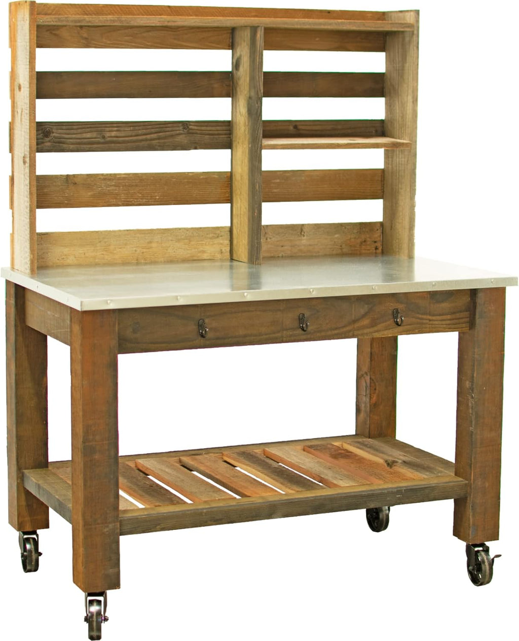 Potting Bench with Hardware Hooks & Towel Bar - Buffet Table Island Workbench Outdoor Patio Garden Furniture Wood Rolling Cart & Zinc Table-Top w/Black Iron Castors & Brakes (5in Black Caster)