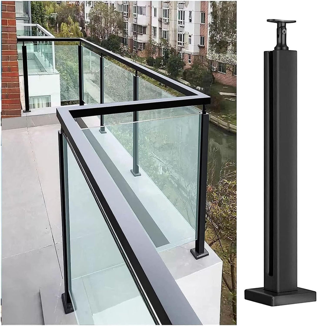 Black Glass Deck Railing Square Post for Outdoor Handrails/Balustrade Kits, Stainless Steel Glass Fence Pole for Balcony/Patio Stairs Fencing/Glass Panels, for 3/8' or 1/2' Thick Glass(End Post,Height