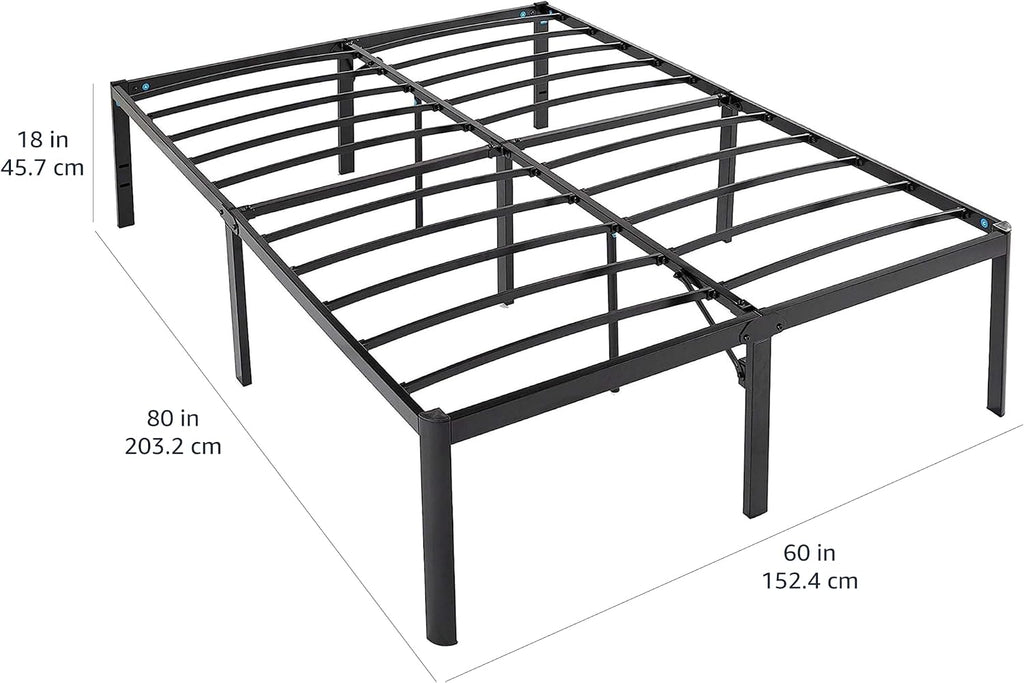 Amazon Basics Heavy-Duty Non-Slip Bed Frame with Steel Slats, 18' Height for Storage Space, Sturdy Support for Mattress, Easy Assembly, Queen, Black