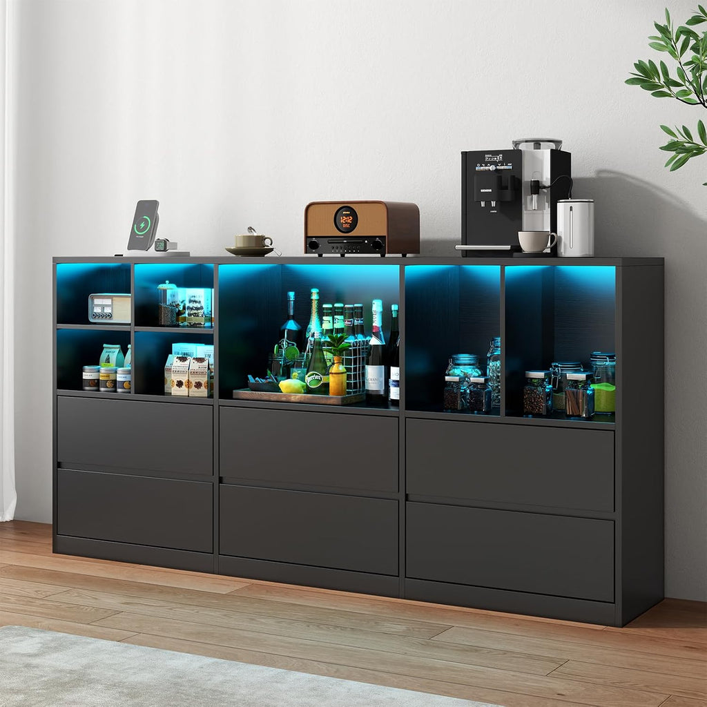 Gyfimoie Black Dresser for Bedroom with 6 Drawers, Chest of Drawers with Led Lights&Charging Station, 63' Long Dresser with 7 Open Cubbies, Storage Drawers for Living Room, Closet, Hallway (Black)