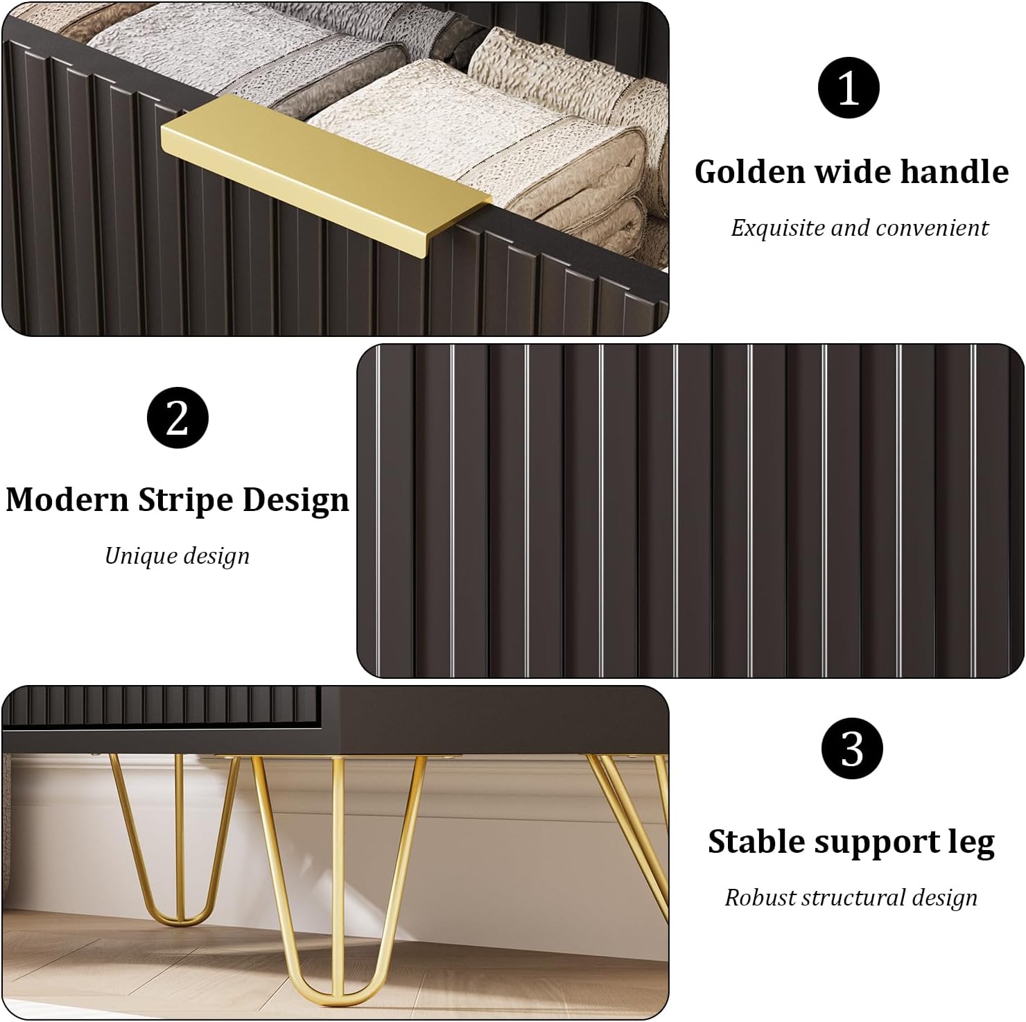 MAISONARIA 5 Drawers Dresser for Bedroom, 47' Tall Modern Chest of Drawers with Gold Handle, Fluted Wood Dresser for Bedroom, Living Room, Hallway, Entryway, Black