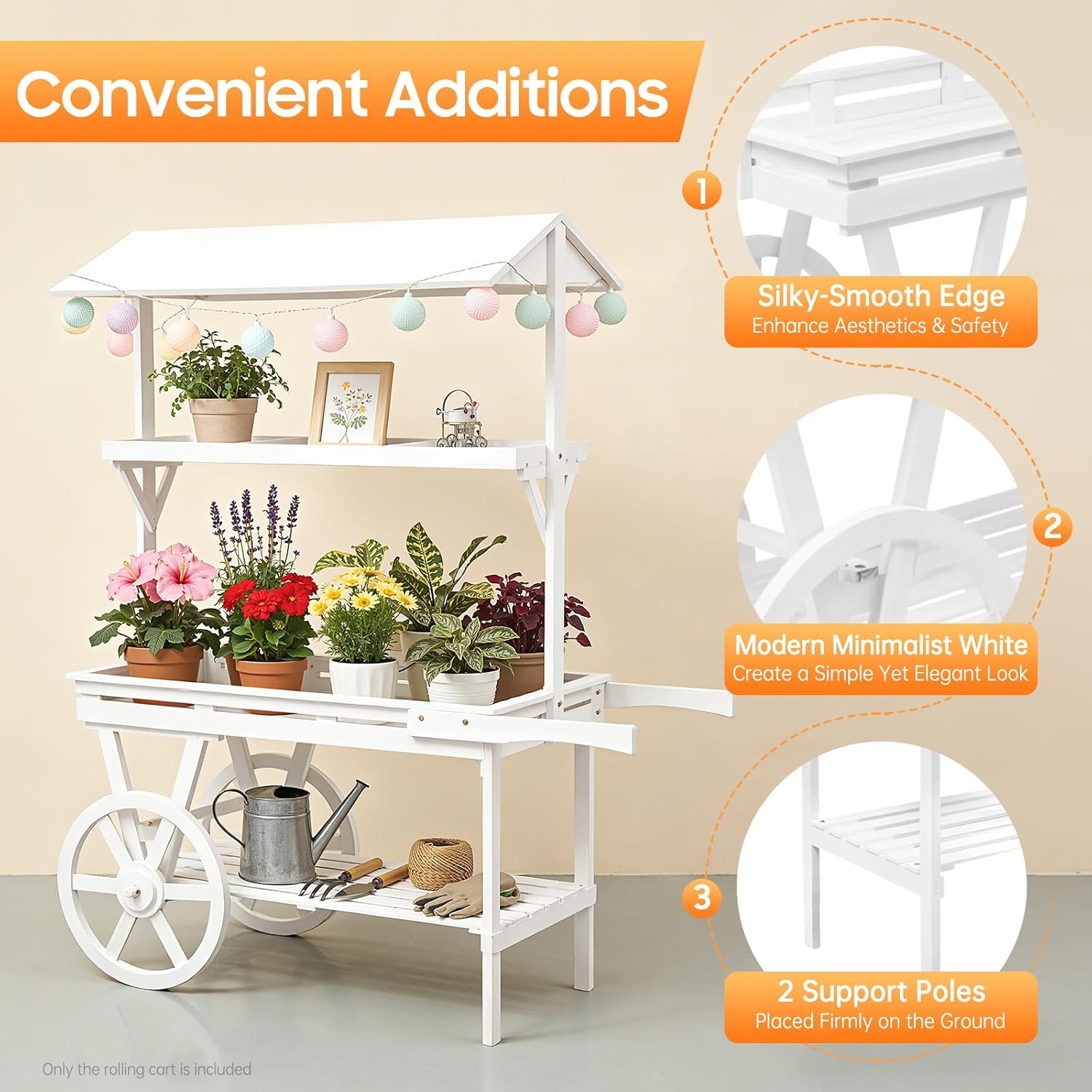Large Country Market Wooden Rolling Table Cart, Antique Solid Wood Decor Display Rack Cart with Wheels, Rolling Table Carts for Display Various Flowers and Candy (White)