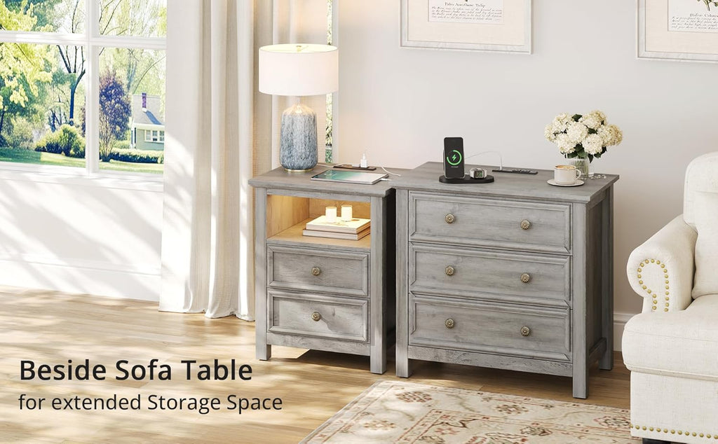 LGHM Large Nightstand with Charger Station, 27' W Night Stand with 3 Large Drawers, Accent Small Dresser Bed Side Table, Stable Thick Wood Legs, Timeless Look,Gray