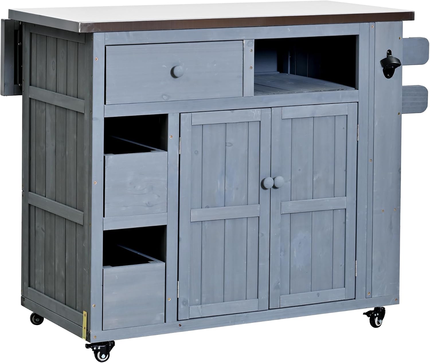 Roomfitters Outdoor Grill Cart and BBQ Prep Station, Stainless Steel Top, Rolling Kitchen Island Potting Bench, Gray