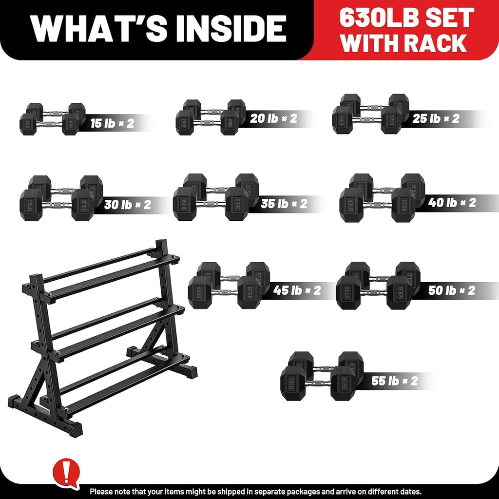 PAPABABE Hex Dumbbell Set with Rack, Rubber Encased Free Weight with Weight Storage Racks, Multiple Weight Options for Home Gym and Fitness