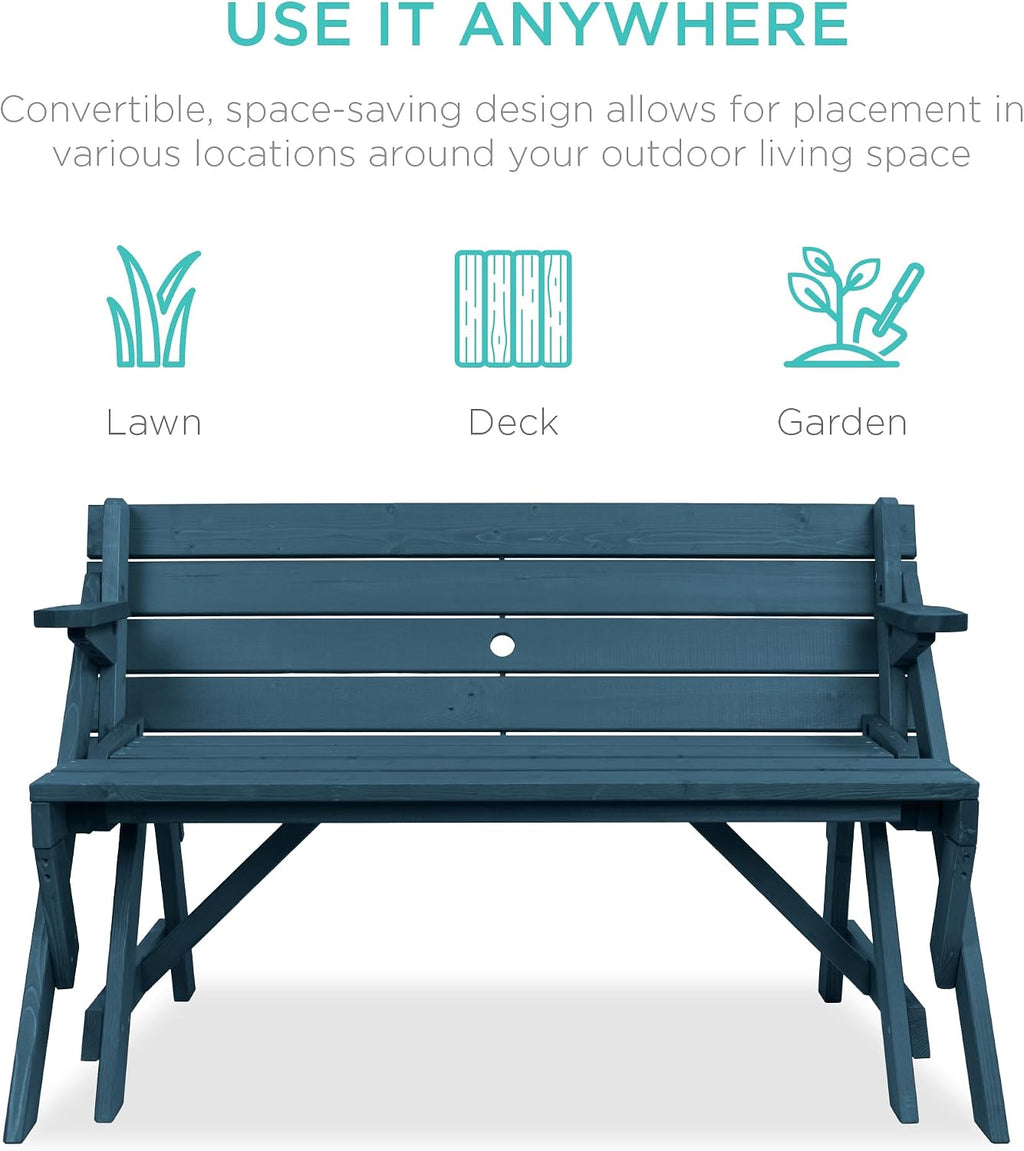 Best Choice Products 2-in-1 Transforming Interchangeable Outdoor Wooden Picnic Table Garden Bench for Backyard, Porch, Patio, Deck w/Umbrella Hole - Harbor Blue