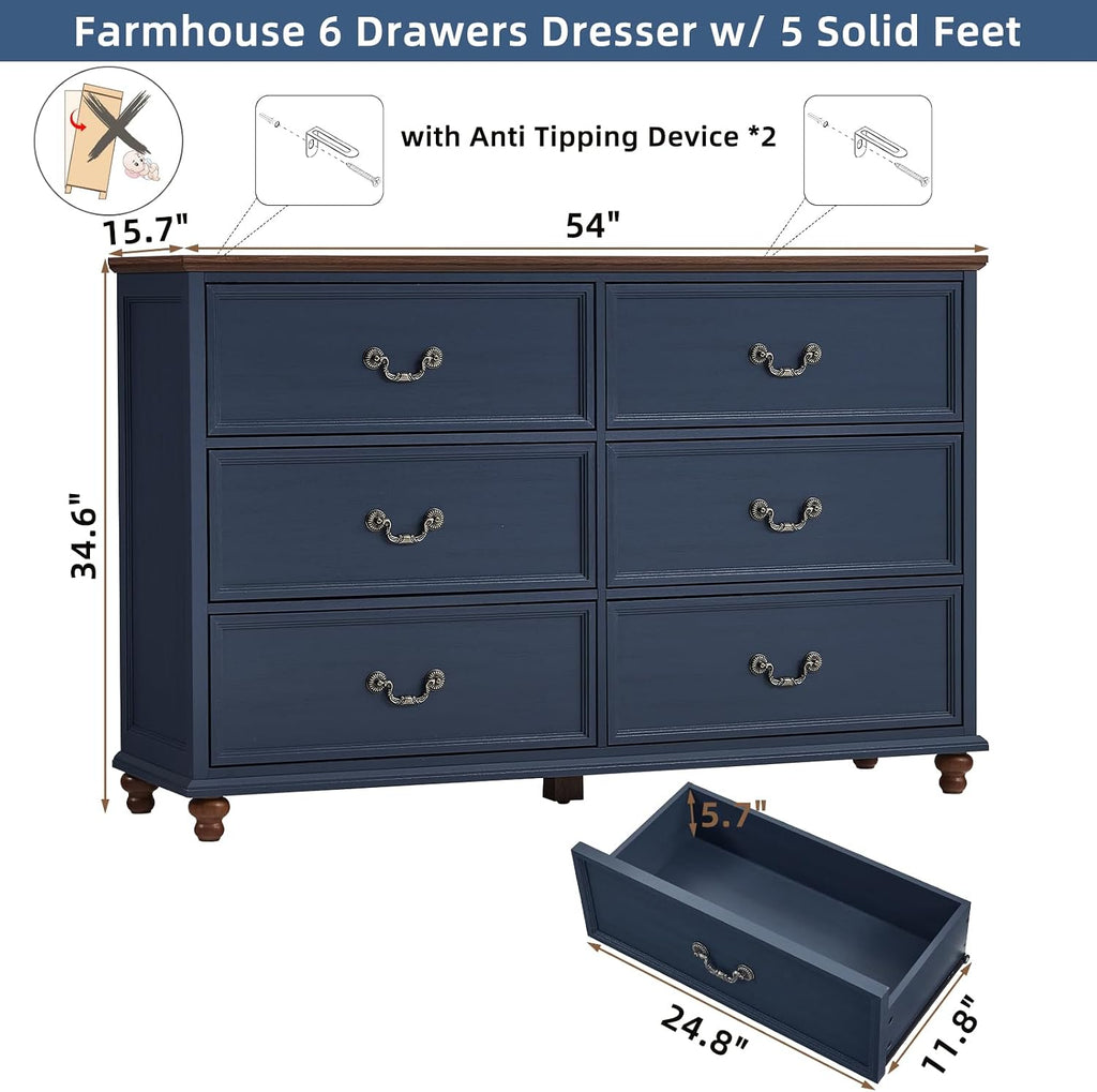 Joaxswe Farmhouse 6 Drawers Dresser for Bedroom, Vintage 54' Wide Chest of Drawers w/ 4 Wooden Legs, Rustic Large Closet Storage Dressers Organizer for Hallway, Wood TV Stand for Living Room, Blue